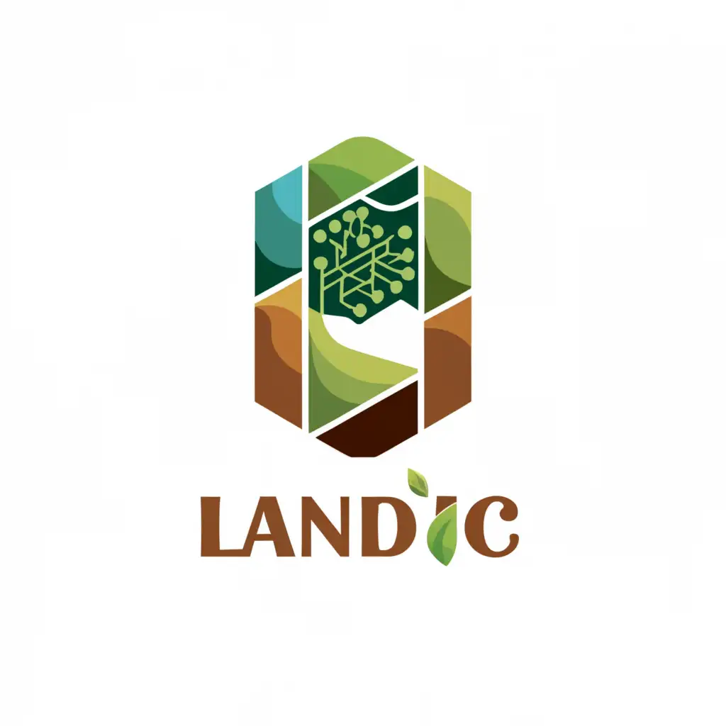 a logo design, with the text 'Landic', main symbol:•	Iconography: A stylized representation of land or earth to symbolize real-world assets, intertwined with a digital or abstract element that represents blockchain technology.	•	Color Palette: Earthy tones like greens and browns to represent the land, complemented by blues or metallic hues to signify technology and trust.	•	Typography: Modern and clean font that conveys stability and professionalism. The typeface should be easy to read yet distinctive enough to create a strong brand recall.	•	Versatility: The logo should be scalable, working well in various sizes and across different mediums, from digital platforms to physical marketing materials.

Imagery:

The primary imagery could be a combination of a leaf or a tree, which are universal symbols of growth and sustainability, merged with a subtle grid pattern or circuit lines that suggest technology.
Alternatively, a globe or an abstract land shape with a digital pulse or data points flowing through it could represent the global reach and technological backbone of LANDIC.
Symbolism:

The intertwining of natural and digital elements should not only represent the merging of these two worlds but also suggest harmony and a forward-thinking approach.
The logo should evoke a sense of trust and longevity, reassuring investors of the stability and future-proof nature of their investment.
