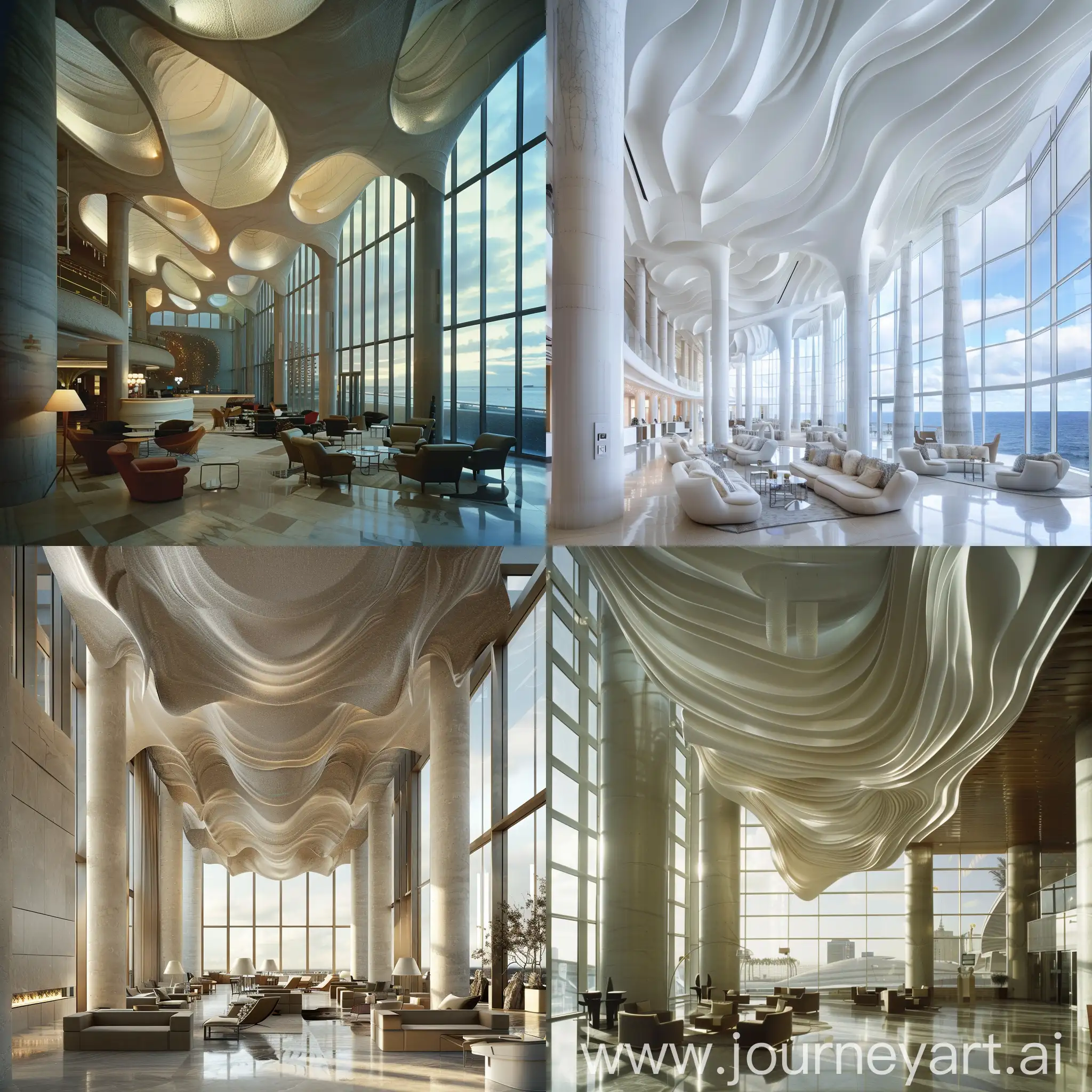 neo-cosmic hotel lobby by nacho corbonell, floor to celling windows, high cellings, virtual undulating ceiling installation,