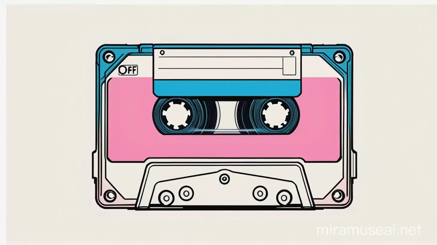vintage cassette tape, pink white and blue colours, comic book style, minimalistic, off white background, 
