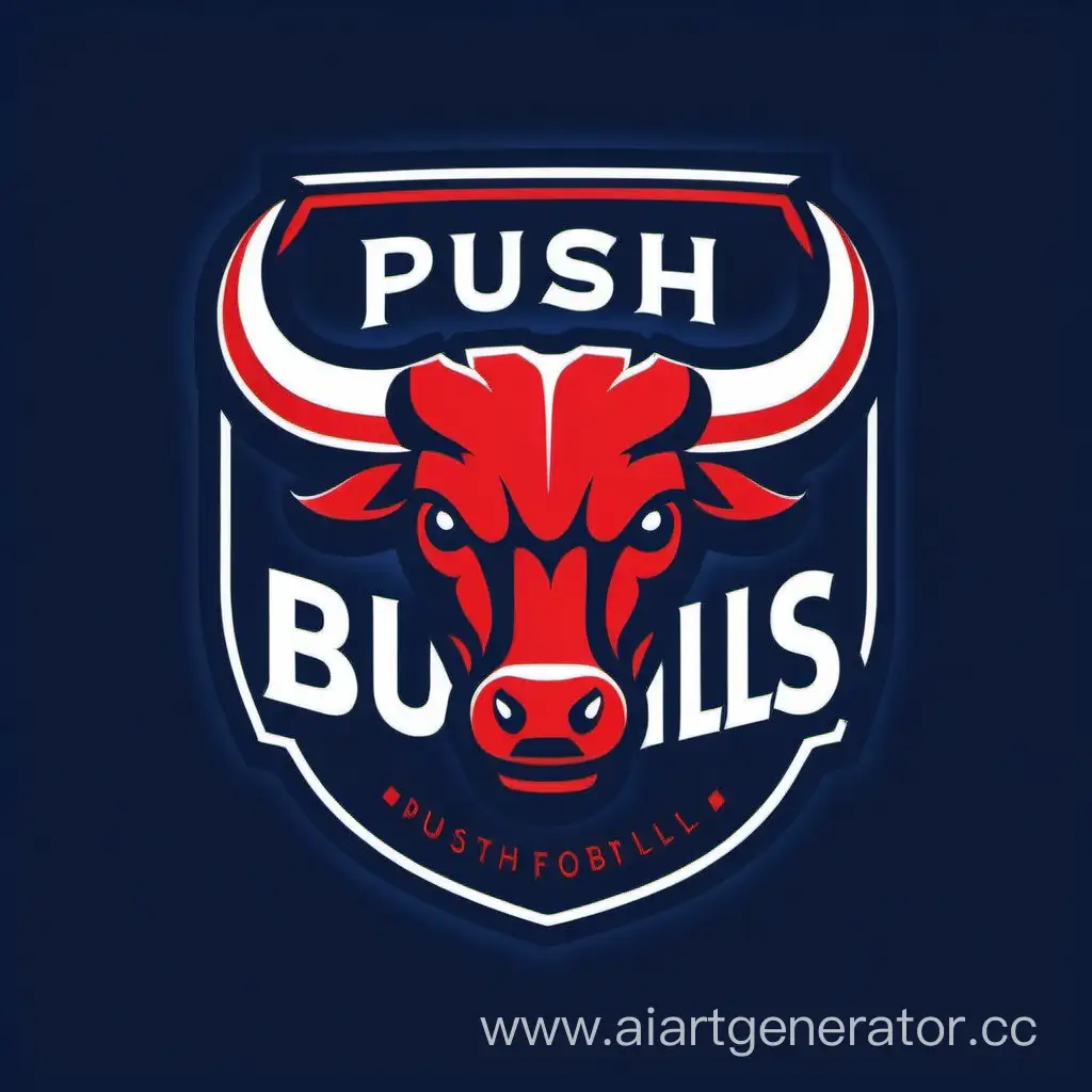 Логотип футбольной команды push bulls, главный символ у них красный бык. Сочетай красный и белые цвета, а также напиши название команды внизу
