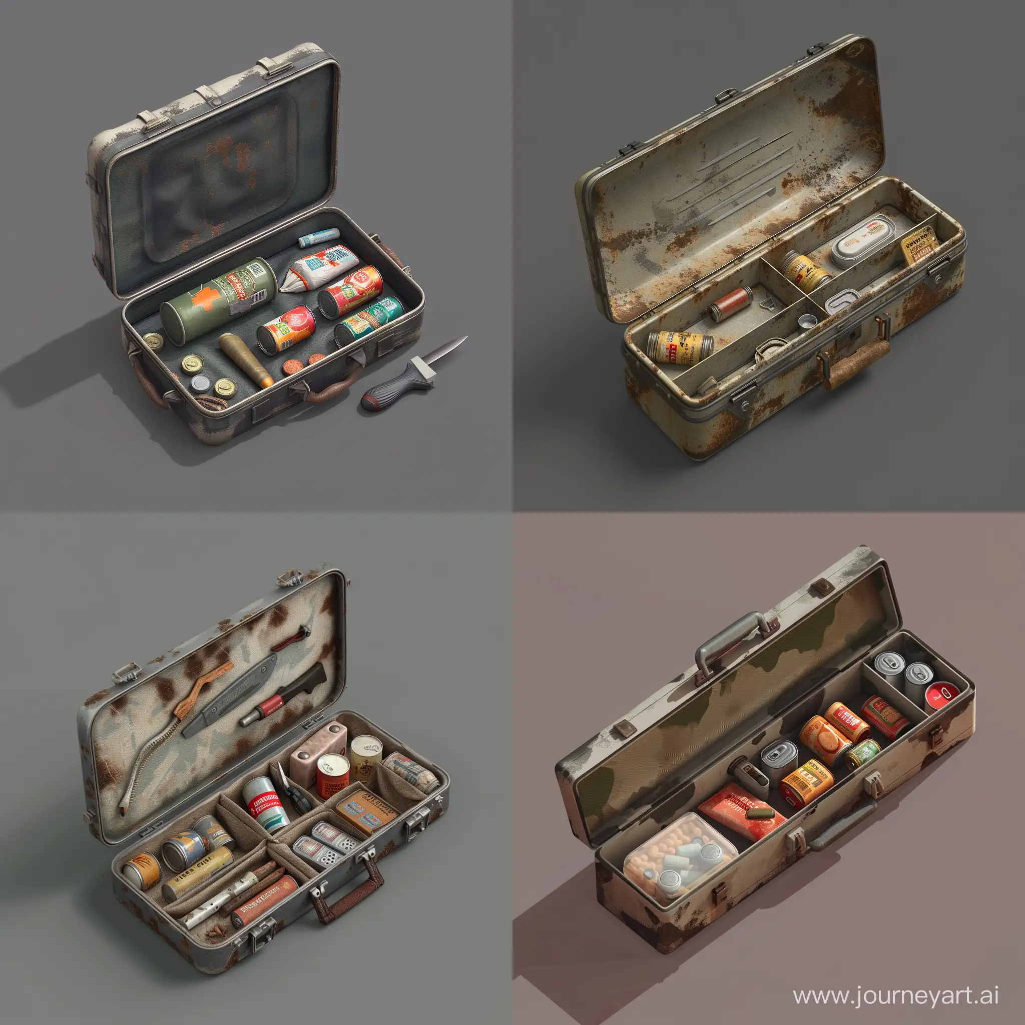 isometric realistic mini very small simple opened survival kit in realistic worn long metal case, 3d render, stalker style, less details, hunting first aid, hygiene, canned food