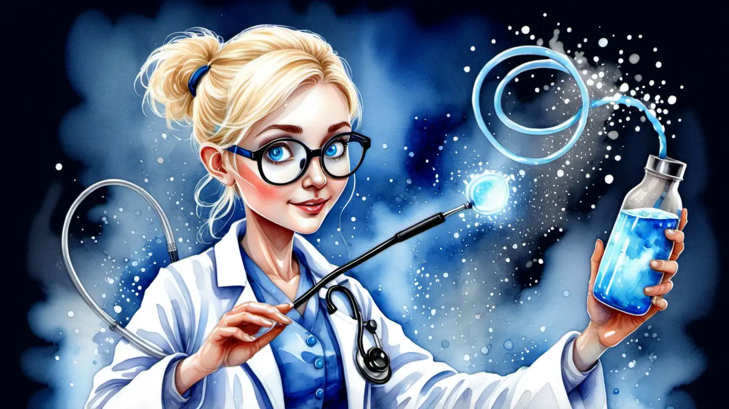 A watercolour fairytale style. A blonde blue eyed female pixie doctor wearing glasses a white coat and a stethoscope is adding magic to some heated fizzy blue liquid