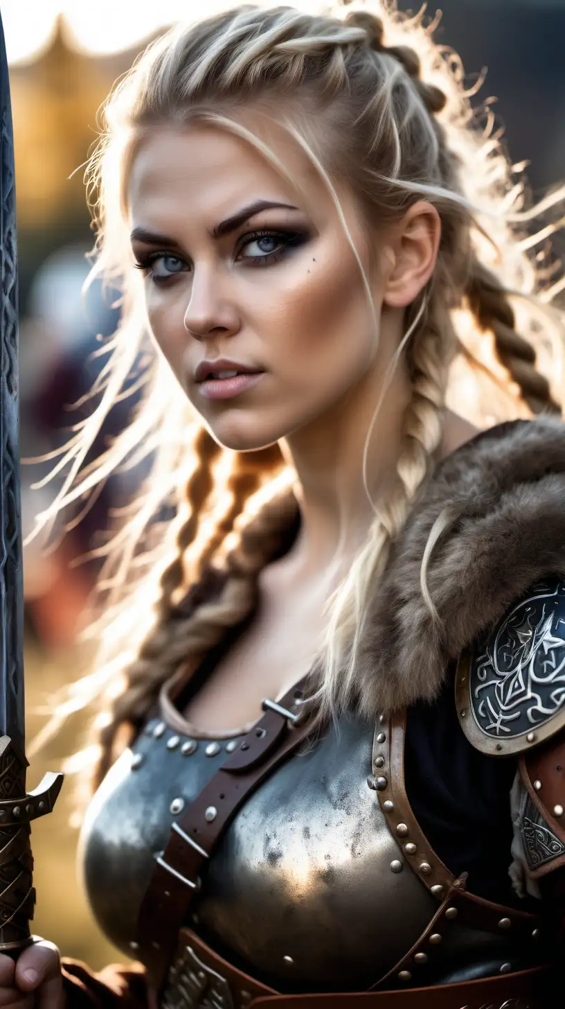 Beautiful Nordic woman, very attractive face, detailed eyes, big breasts, slim body, dark eye shadow, messy blonde hair, wearing a Viking warrior cosplay outfit, holding a sword, close up, bokeh background, soft light on face, rim lighting, facing away from camera, looking back over her shoulder, charging into battle, photorealistic, very high detail, extra wide photo, full body photo, aerial photo