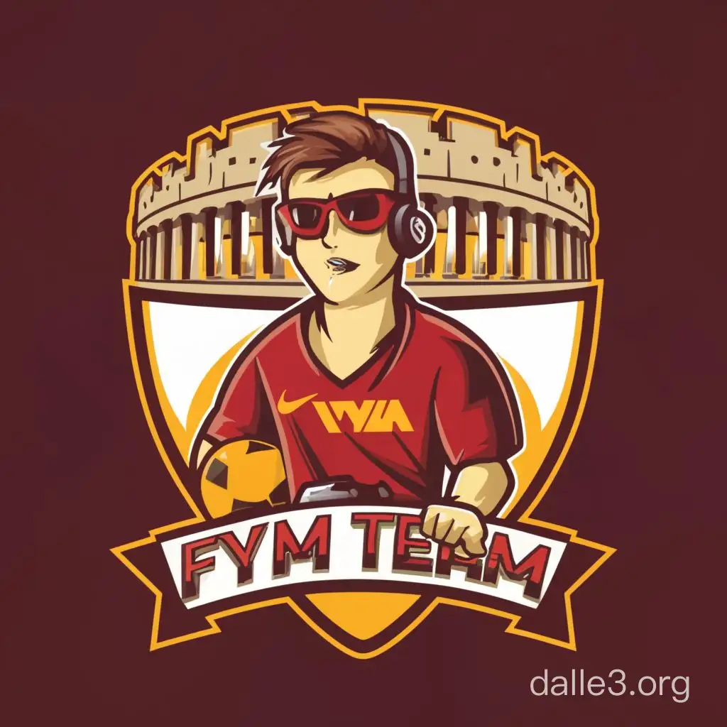 modern football logo, yellow and red, with boy with short hair,  goatee beard with vayne glasses, using a controller with headphones and as roma t shirt man , with coloseum in the background, an italian flag and write "FYM Team"