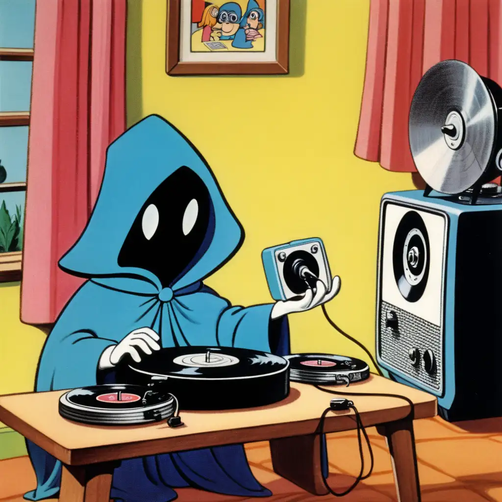 Nostalgic 1960s Cartoon Enigmatic Cloaked Character Enjoying Vinyl Tunes