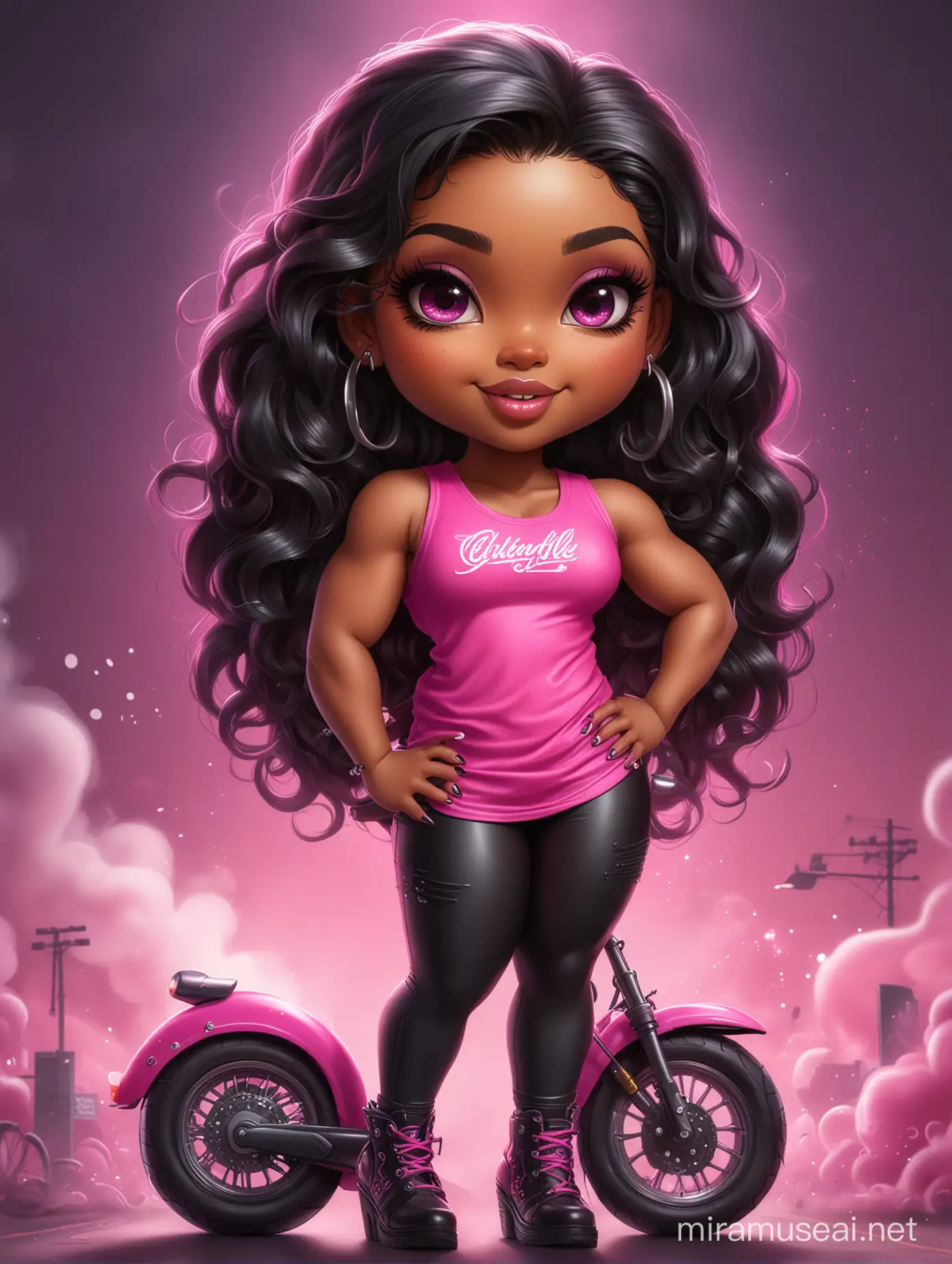 Create an airbrush illustration of a chibi curvy black female wearing a hot pink tank top and shiny black leggings and black heels. prominent make up with long lashes and hazel eyes. extremely Highly detailed wavy long black. Background of a bike show with smoke everywhere.