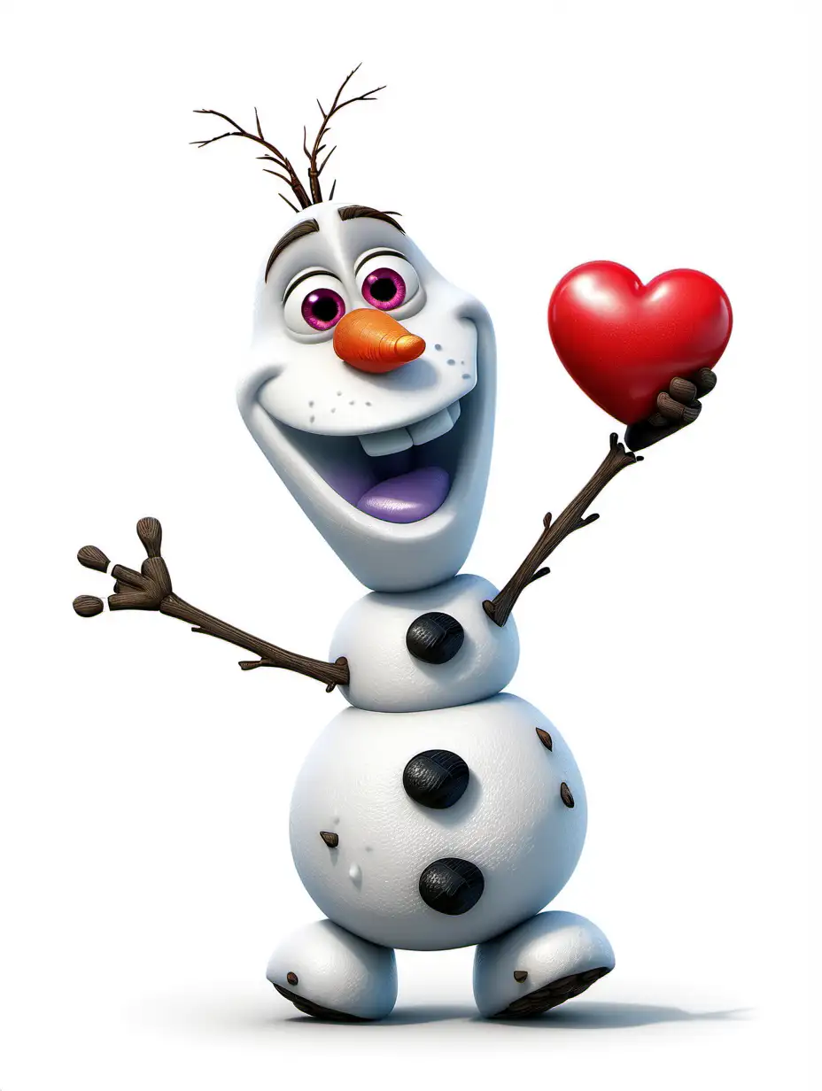 Cheerful Cartoon Olaf with a Heart on White Background