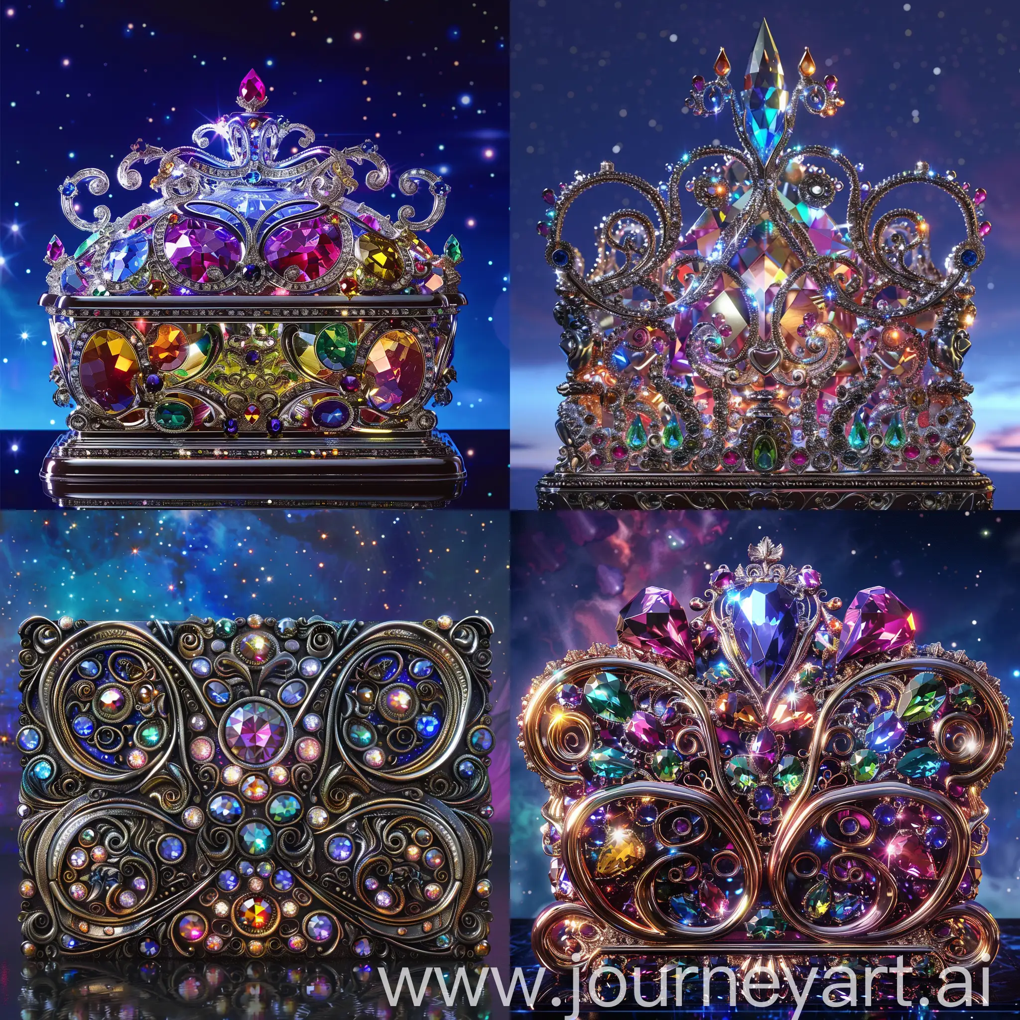  crystal casket decorated with multicolored precious stones!!!!! against the background of the night sky!!!!!!The front has a glossy intricate design, ornate and flowing, magical three-dimensional details, fantasy. intricate curls, beautiful ornate details, super-complex details, super-detailed metal products, exquisitely ornate, detailed and intricate image, curls, frontal light, octane number, medium sharpness, high detail