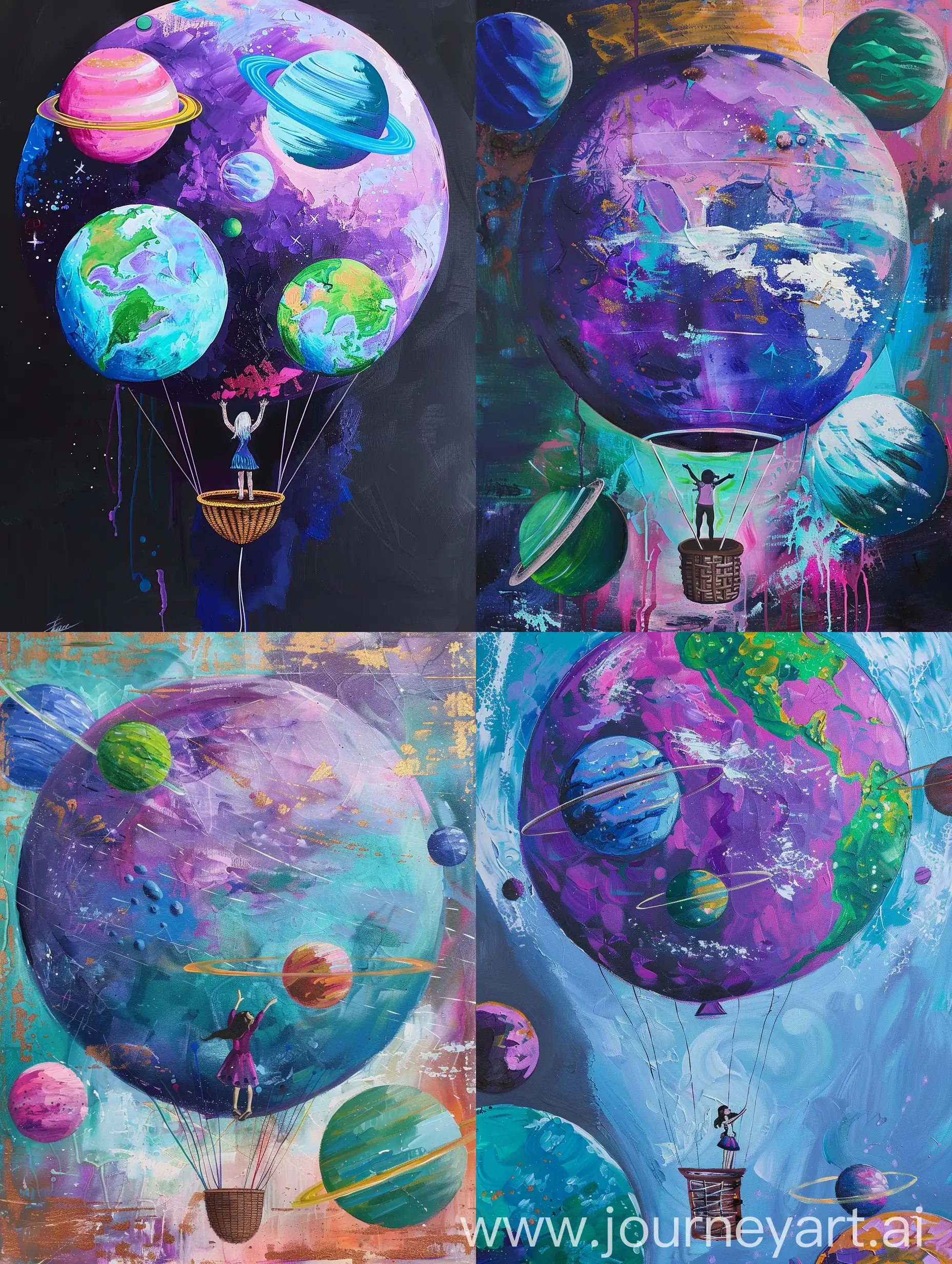A large balloon is flying like a basket, with large planets painted on it.  The predominant colors are purple, blue, green, pink.  A small female figure stands in the basket of the ball and stretches her hands up towards the ball.  Made using acrylic technique