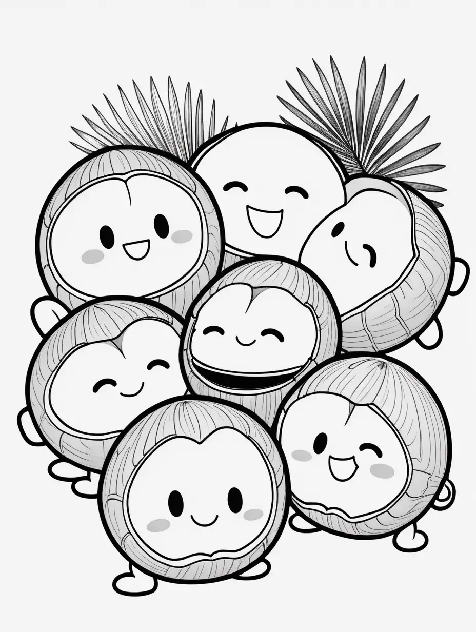 coloring book, cartoon drawing, clean black and white, single line, white background, cute large coconuts, emojis
