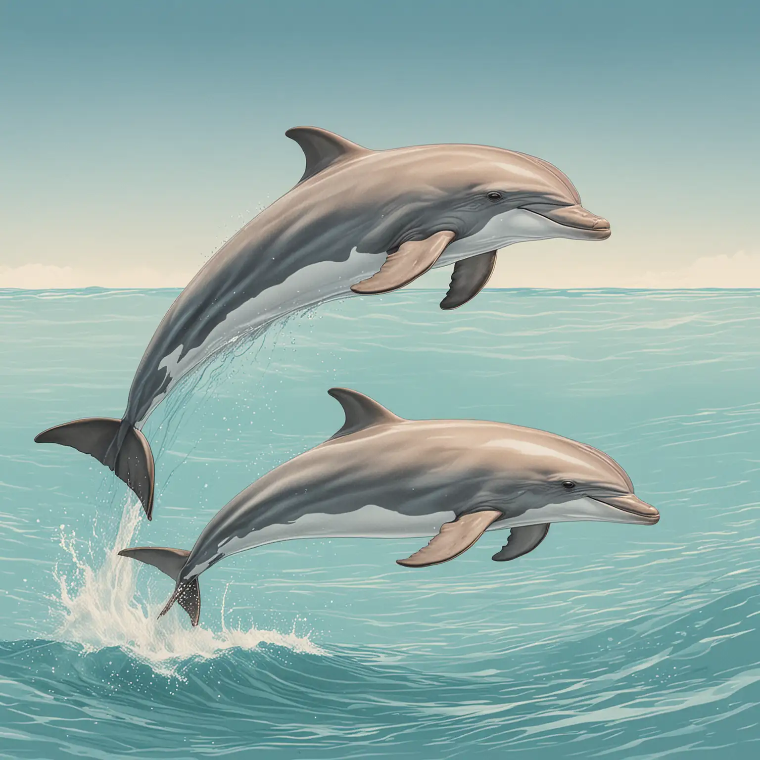 Simple colored in line drawing of a male and female dolphin joyously swimming in the ocean