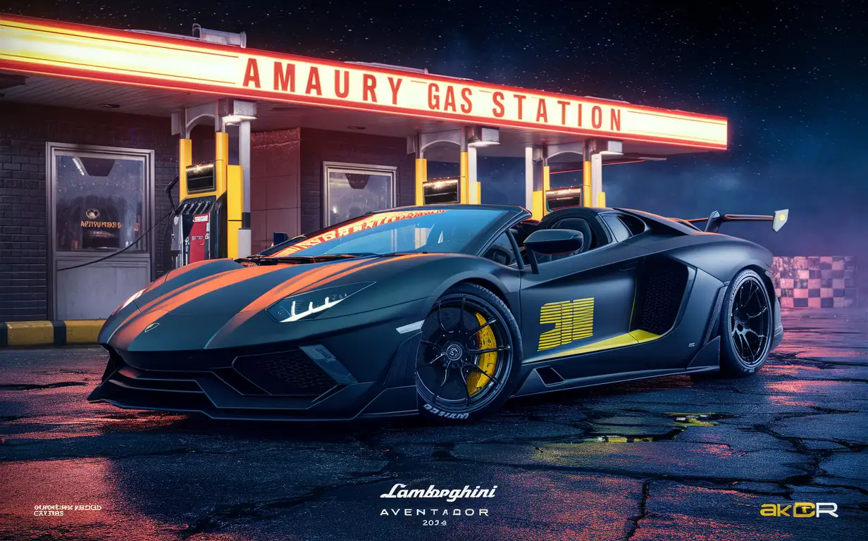 A stunning high-quality cinematic representation of a sleek black matte Lamborghini Aventador Roadster 2024, parked in front of a "Amaury Gas Station" gasoline station with neon lights. The vehicle features large yellow and black stickers on its sides with the gas station's name, creating an authentic movie atmosphere. The wet and cracked asphalt ground adds to the cinematic experience. The spectacular vehicle design is highlighted by the yellow Brembo calipers, accentuating the impressive power of the car. The scene takes place against a starry night sky, with a touch of cinematic flair in this impressive 3D, high contrast, high-quality 4K 3D render, illustration, and poster., poster, illustration, 3d render, cinematic