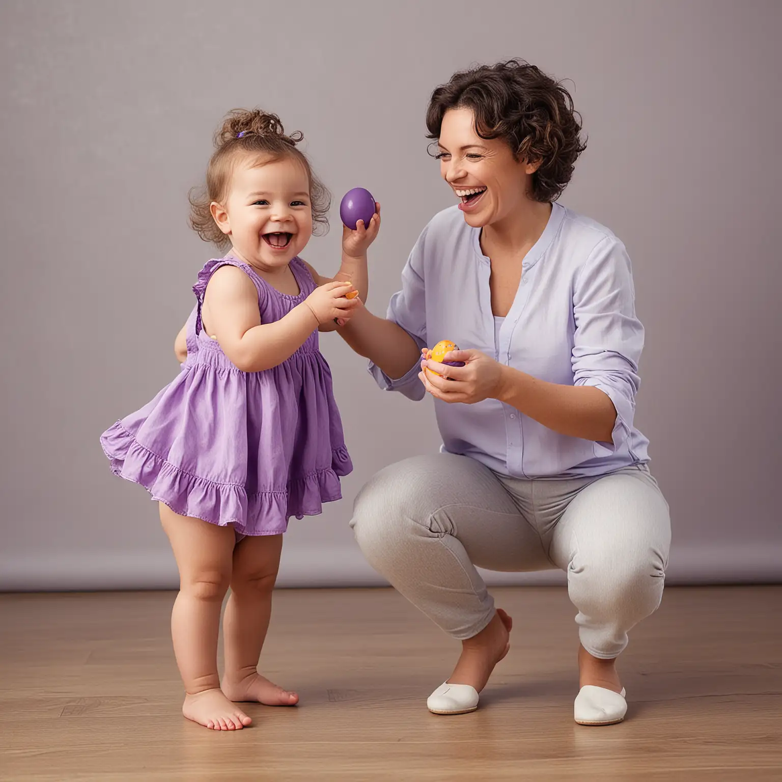 parent and toddler. engaging. colorful. whimsical. enjoying each other's company. dancing. fun. inviting. exercise clothing. holding small purple egg shakers. laughing. smiling.
