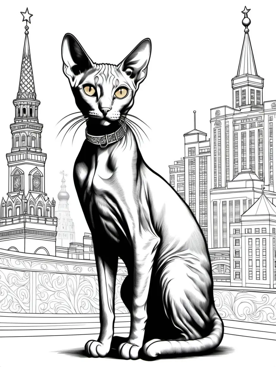 Generate an intricate and detailed coloring page for adults featuring a full-body Peterbald breed cat wearing a collar with a Russian motif as the main subject.  Incorporate a background that reflects a Mowcow, Russia city scene. Emphasize the distinctive characteristics of the cat breed. The Peterbald cat has a sleek and slender body with a medium-sized build. The head is wedge-shaped, with a thin and narrow face, creating a streamlined and refined appearance. The ears are large and set wide apart, contributing to the cat's alert and expressive look. The eyes are almond-shaped and can vary in color, adding to the overall charm of the breed. The most distinguishing feature of the Peterbald is its coat, which ranges from completely bald to a short, fine coat resembling peach fuzz. The lack of fur accentuates the cat's graceful lines and reveals its soft, supple skin. Some Peterbalds may have a thin layer of downy fur, giving them a velvety texture. The tail of the Peterbald is long and whip-like, tapering to a pointed tip. Ensure that the image is in simple black and white, coloring book style. The 2D image should be detailed and intricate, filling the entire page with strong ink lines. Tailor the design for adults seeking a stress-relieving coloring activity.