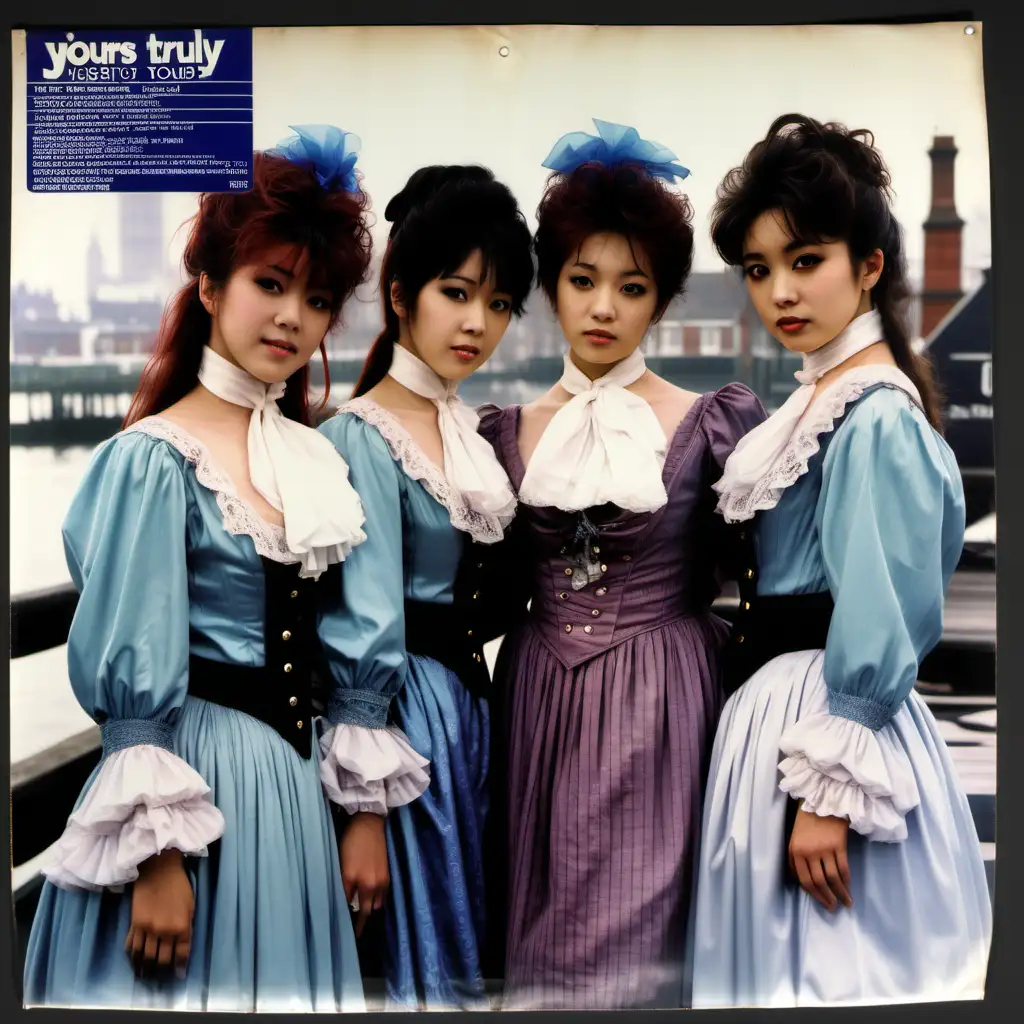 Nostalgic 1980s JPop Album Cover Featuring VictorianClad Singers by the Misty Dock