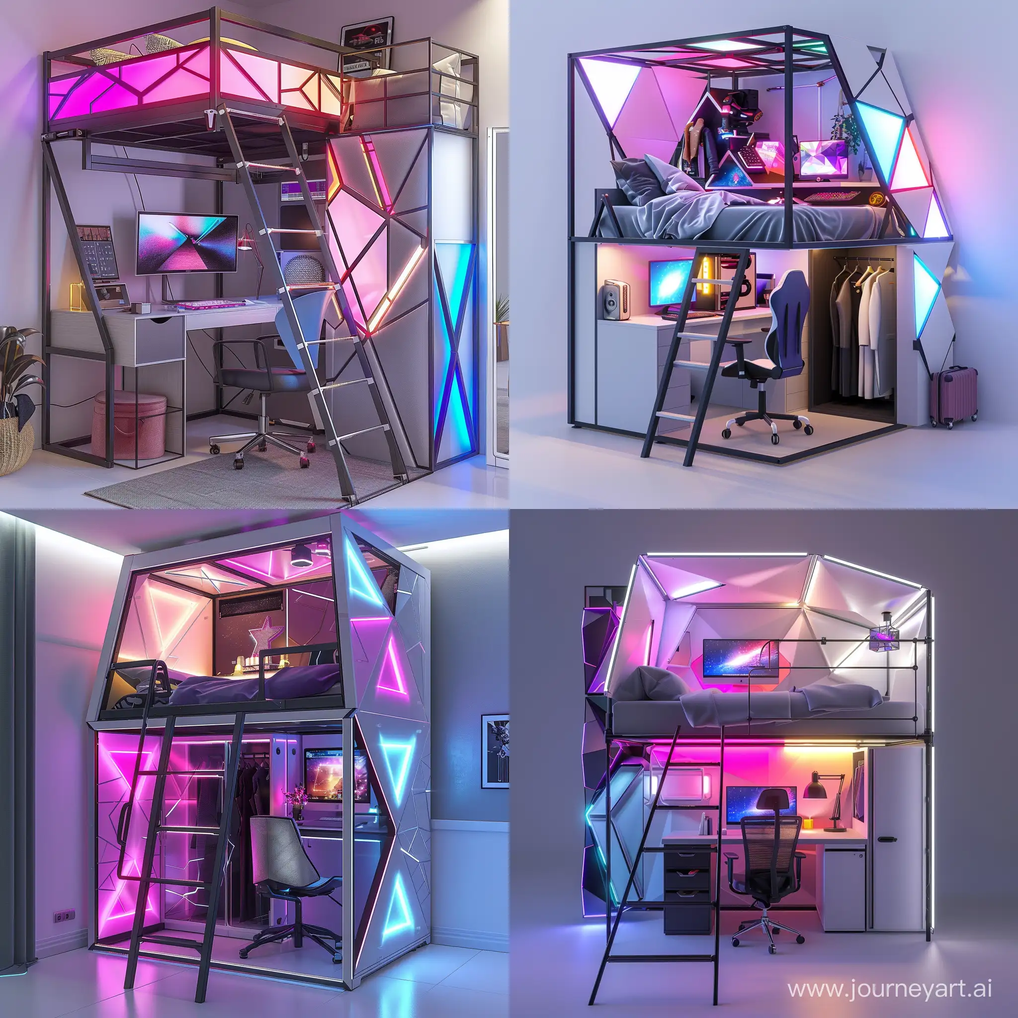 A unit for gamers containing tow levels , in the first level a bed 10 centimeters high from the ground. a ladder that leads to an second upper part without bed that contains desk with a computer and chair, wardrobe next to it. The structure of the unit is made of iron in a modern space style. It contains strong lighting in  geometric shapes in bright pink, purple and blue colors. The dimensions of the unit are 3 meters and 150 cm, with a height of 3 meters. The colors of the unit are white and gray.