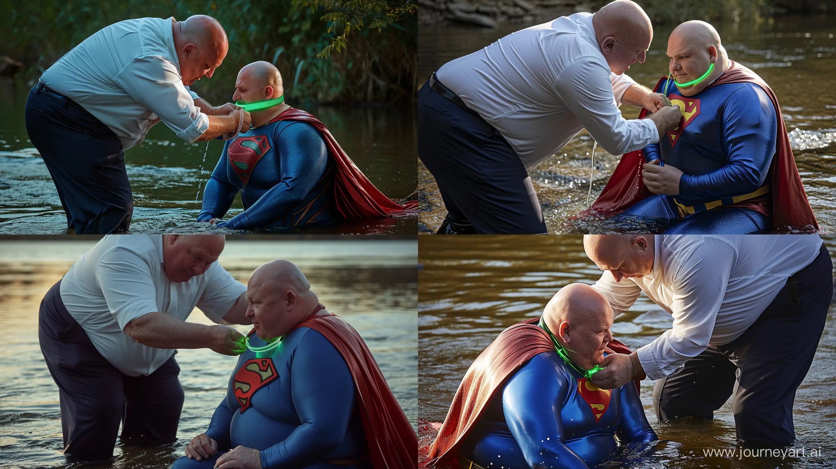 A closeup photo of a chubby man aged 60 wearing silky navy business pants and a white shirt, bending and tightening a green glowing small short dog collar on the nape of another chubby man aged 60 sitting in the water and wearing a tight blue silky superman costume with a large red cape. River. Natural Light. Bald. Clean Shaven. --style raw --ar 16:9 --v 6
