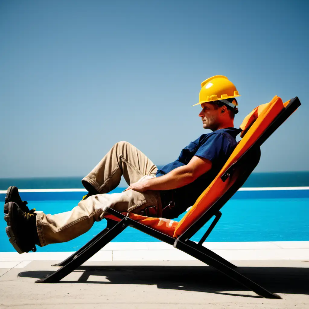Bauarbeiter entspannt auf Liegestuhl, trägt keinen Helm

