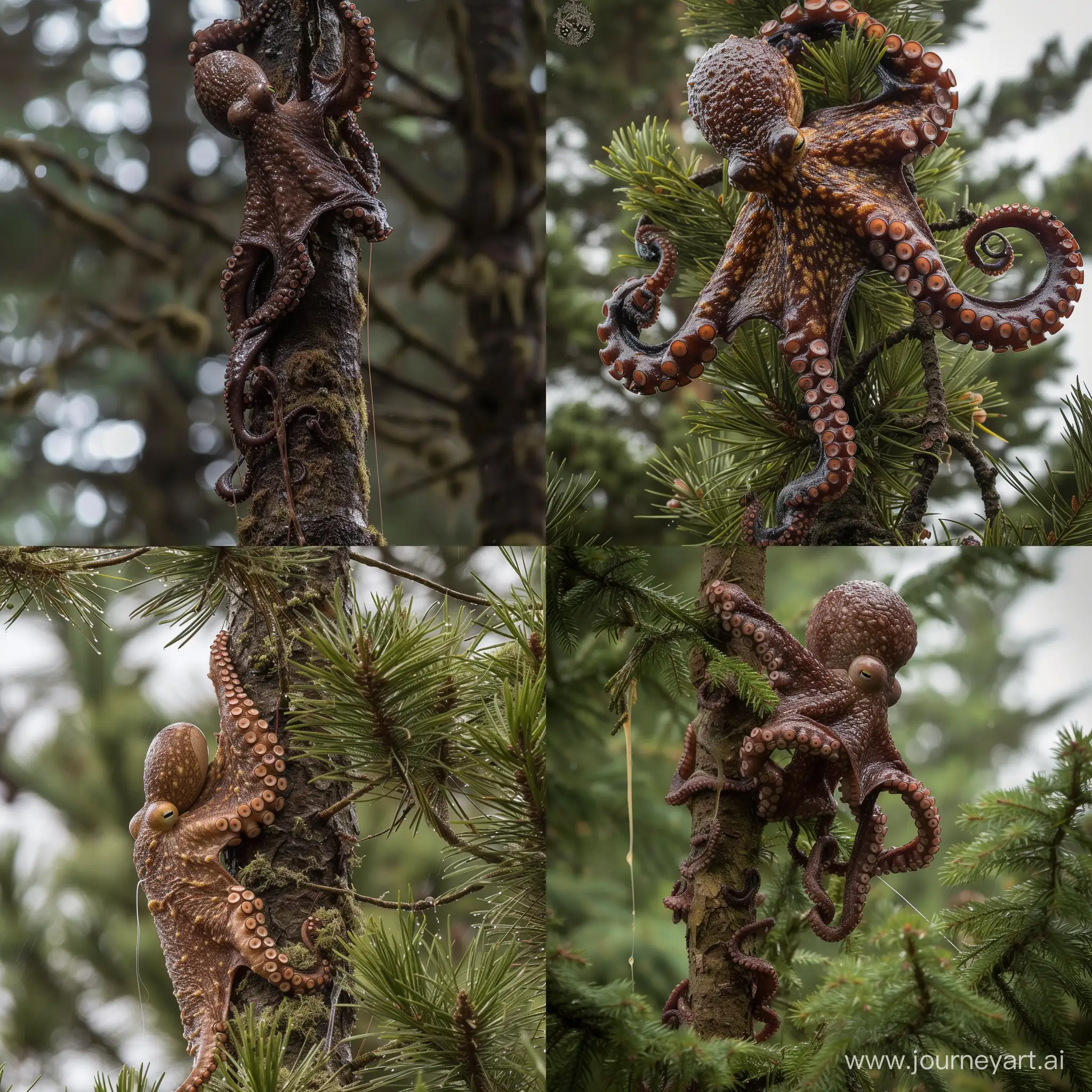 award winning wildlife photo of an slimy wet mottled brown octopus scaling a tall pine tree, grabbing branches with its tentacles, slime trail, temperate pine rainforest, daylight, telephoto lens, canon camera, wide shot, shot from below, Frans Lanting