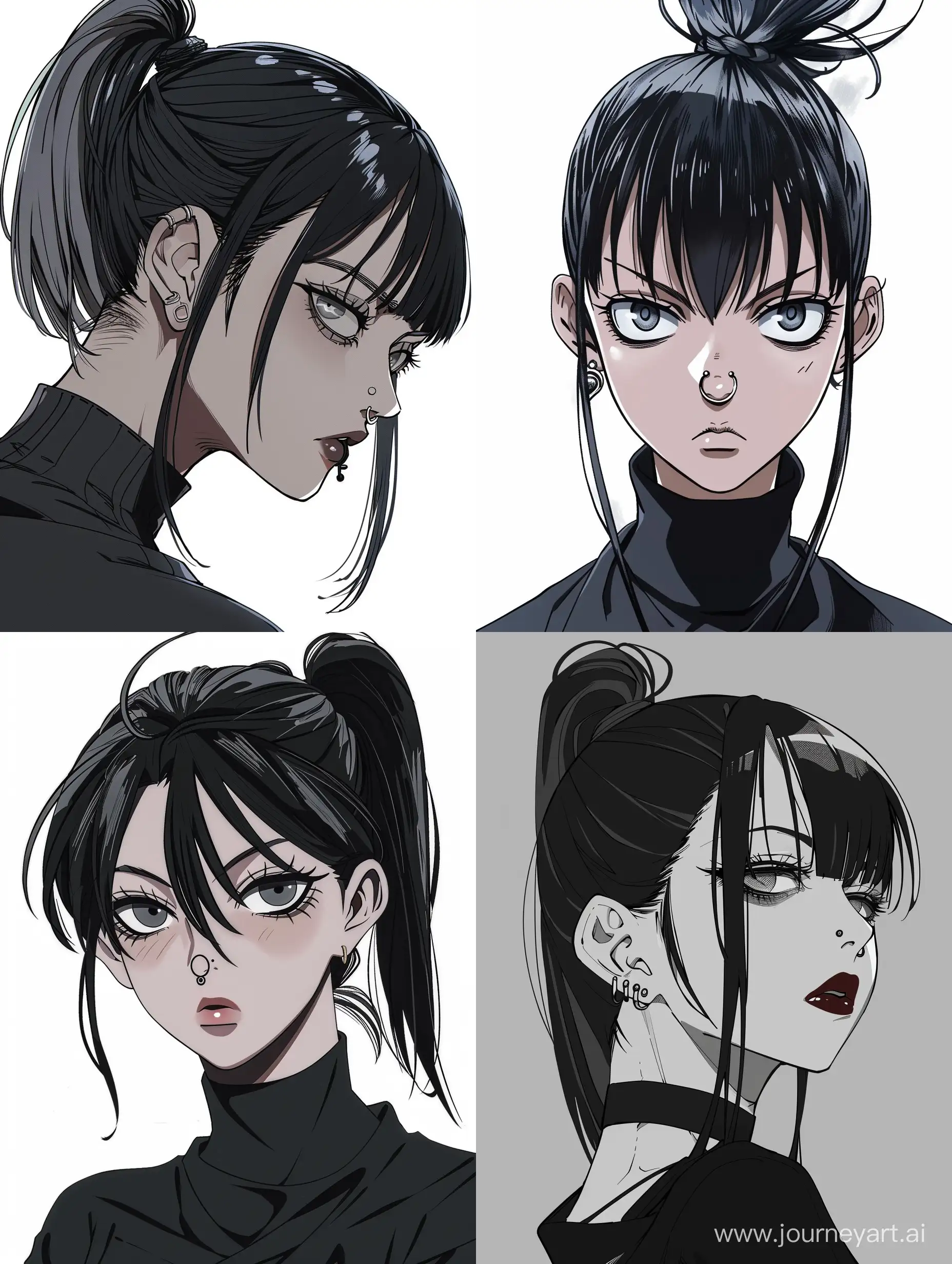 girl european face gray eyes, athletic build hair in a ponytail Anime Jujutsu Kaisen Yuki Tsukumo with black hair full lips and a nose earring