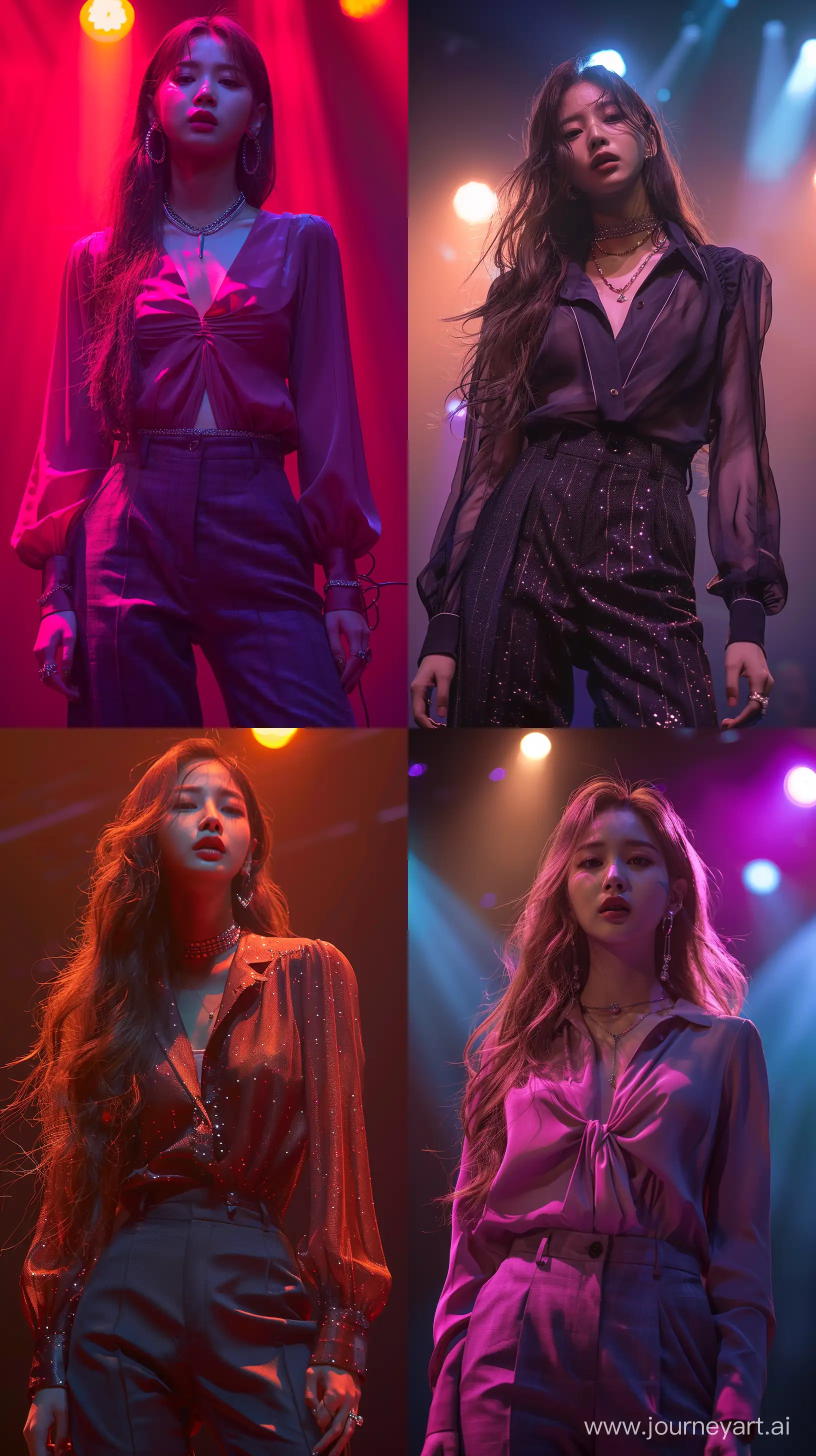 a blackpink's jennie wearing simple blouse and suit pants,on stage,mysterious nocturnal scene, mischoevous motif --ar 9:16 --stylize 550 --v 6