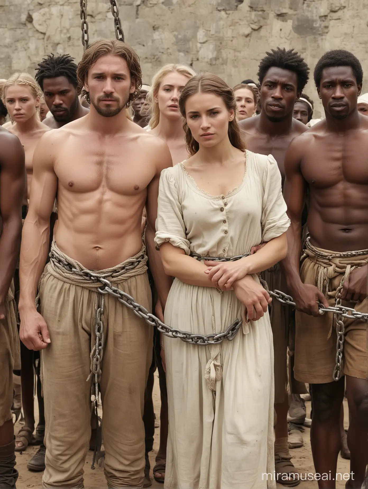 1600s sad white Caucasian Slaves Men and sad white Caucasian women chain together, slave auction background, candid celebrity shots, uhd image, natural beauty --ar 69:128 --s 750 --v 5. 2