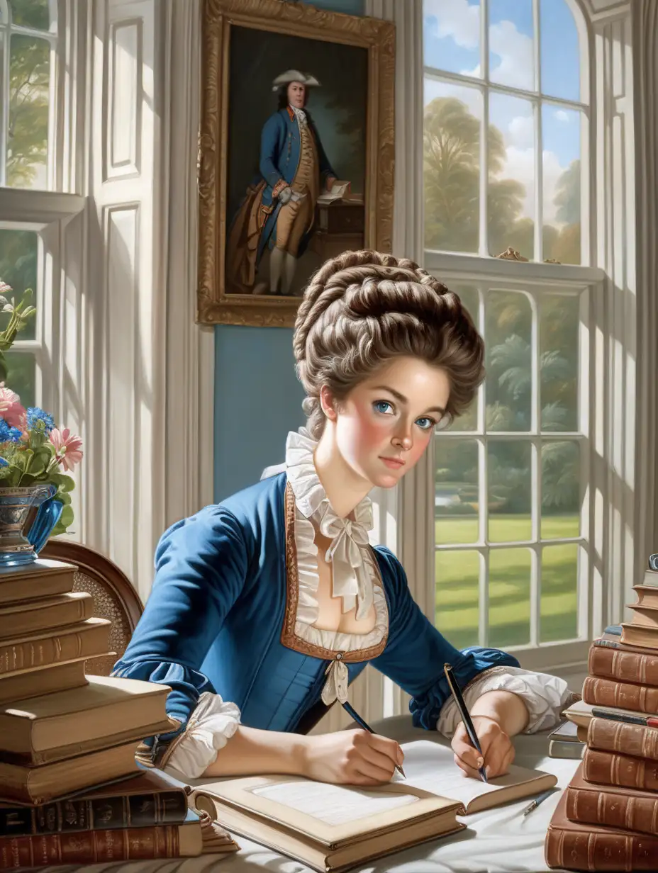 Historical Woman Writing at Desk Surrounded by Books with Garden View