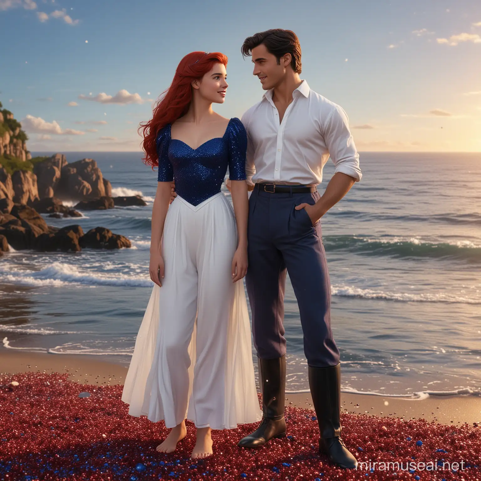prince eric is danish 21-year-old with short black hair and white shirt and dark blue trousers,
princess disney ariel is 16-year-old danish girl, red long hair and long blue glitter dress, photorealism, 8k resolution, sea natural background