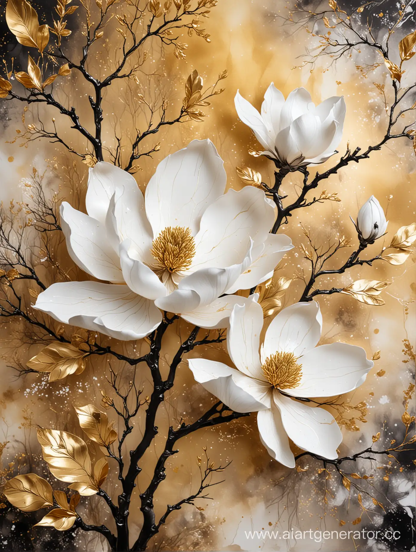 3D huge magnolia black and white with gold elements on huge gold branches and alcohol ink aquarelle background