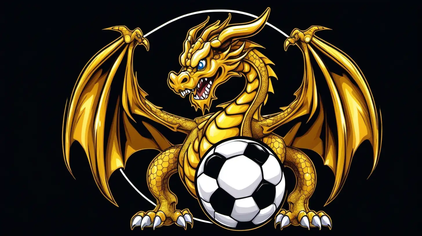 cartoon friendly golden dragon facing forward with soccer ball and black background 