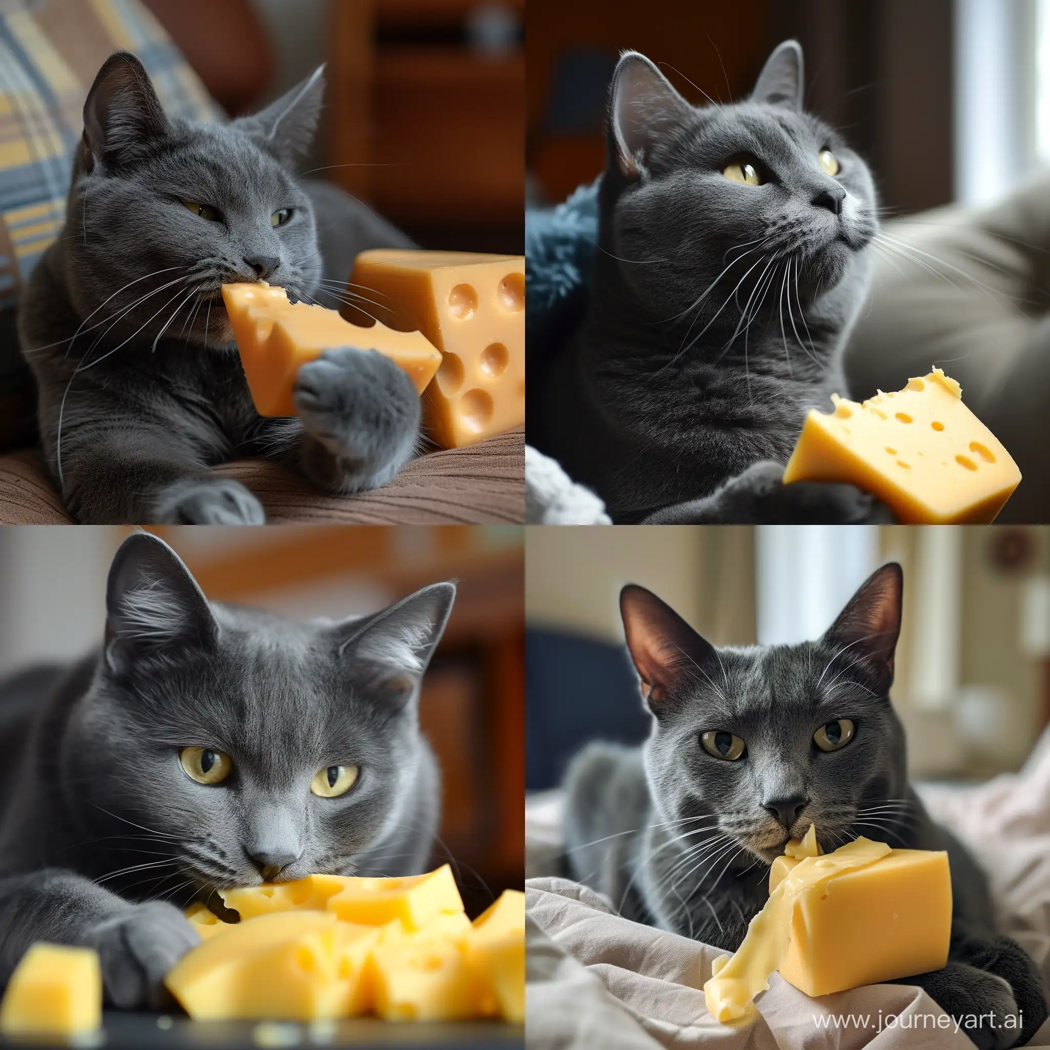 Серый кот ест сыр