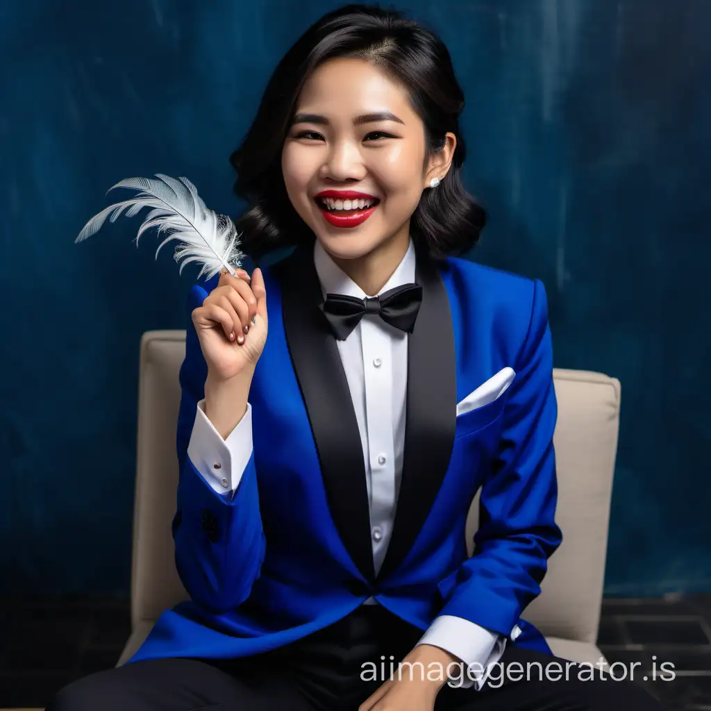 sophisticated and confident vietnamese woman with shoulder length hair and  lipstick wearing a cobalt blue tuxedo with a white shirt with cufflinks and a black bow tie, black pants, foldking her arms, laughing and smiling. She is sitting down and reaching toward you with a feather