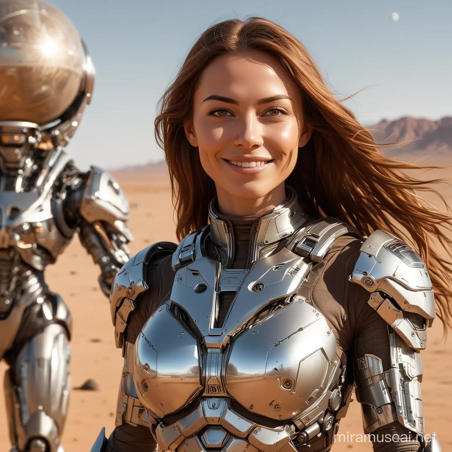 une magnifique cyborg féminine futuriste en armure métallique avec un visage humain souriant réaliste, 35 ans, de longs cheveux bruns allant aux épaules, flottant dans le vent, des yeux clairs, se tenant debout devant un chasseur spatial posé sur une planète désertique avec deux soleils et une lune visibles en arrière plan, en plein jour