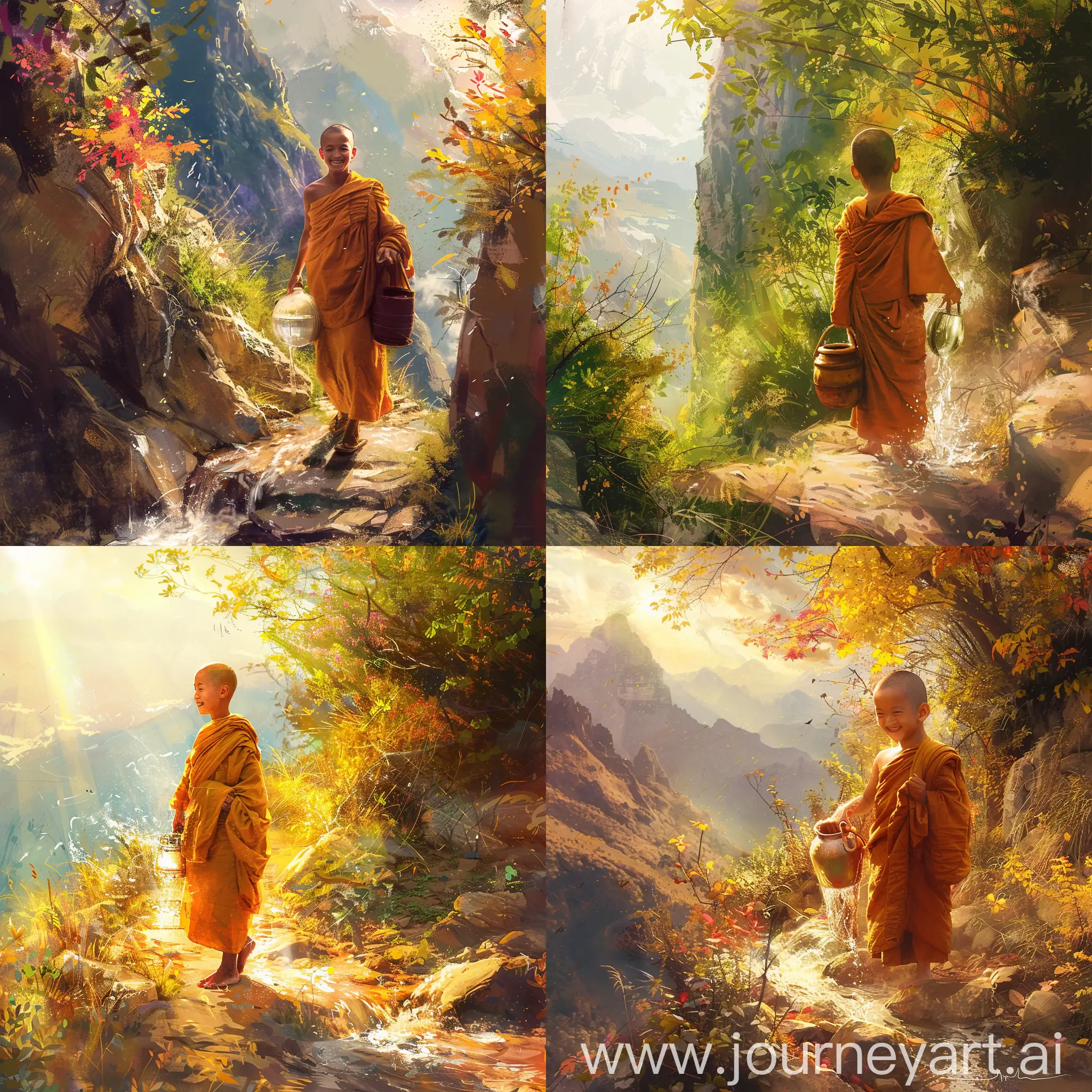 a young and happy monk, carrying water on a mountain path, warm color palette, serene environment, bright sunshine, vivid expressions, flowing water, earthy tones, vibrant foliage, an atmosphere of joy.
