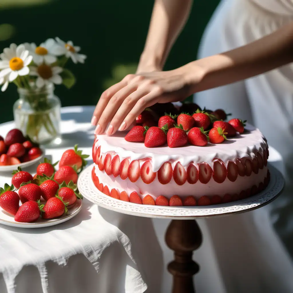 show a beautiful woman hand lying on a table next to an strawberry cake ,white linen , floral arrangement slightly out of the picture , sunny day , 