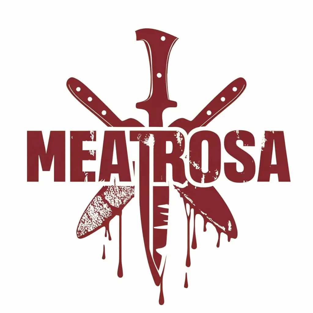 logo, BUTCHER KNIFE,
SHARPENING TOOL,BLOOD, with the text "MEATROSA", typography, be used in Restaurant industry