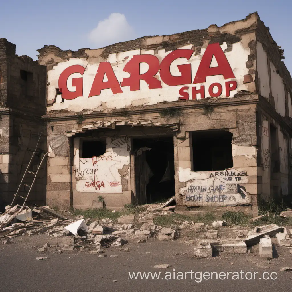 разрушенное здание на котором написано Garga Shop