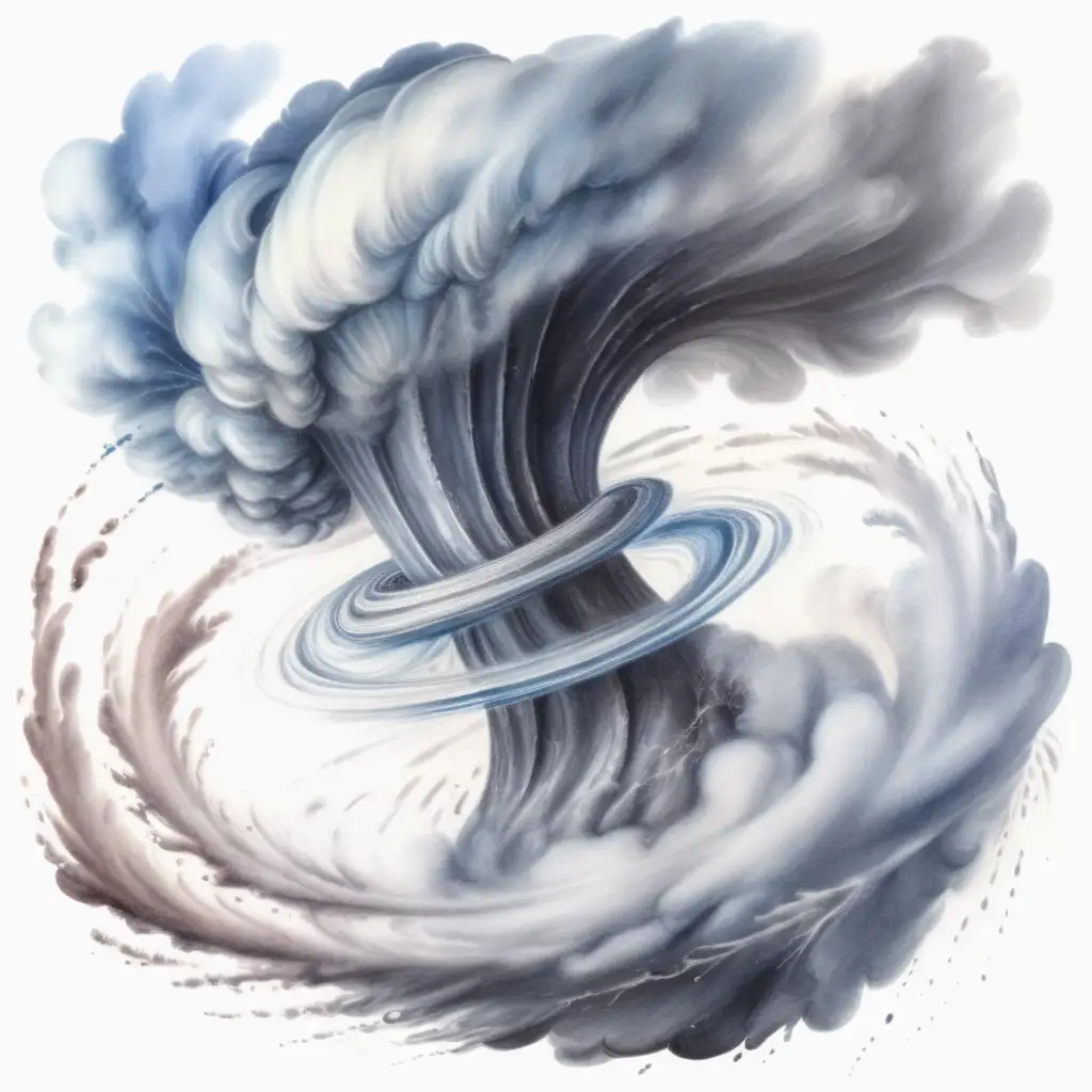 swirling tornado with a body and arms, watercolor drawing, no background