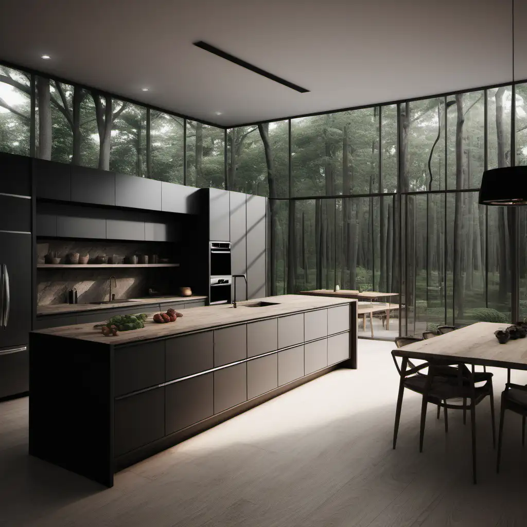 Draw me a modern mansion kitchen that is surrounded by a forest 