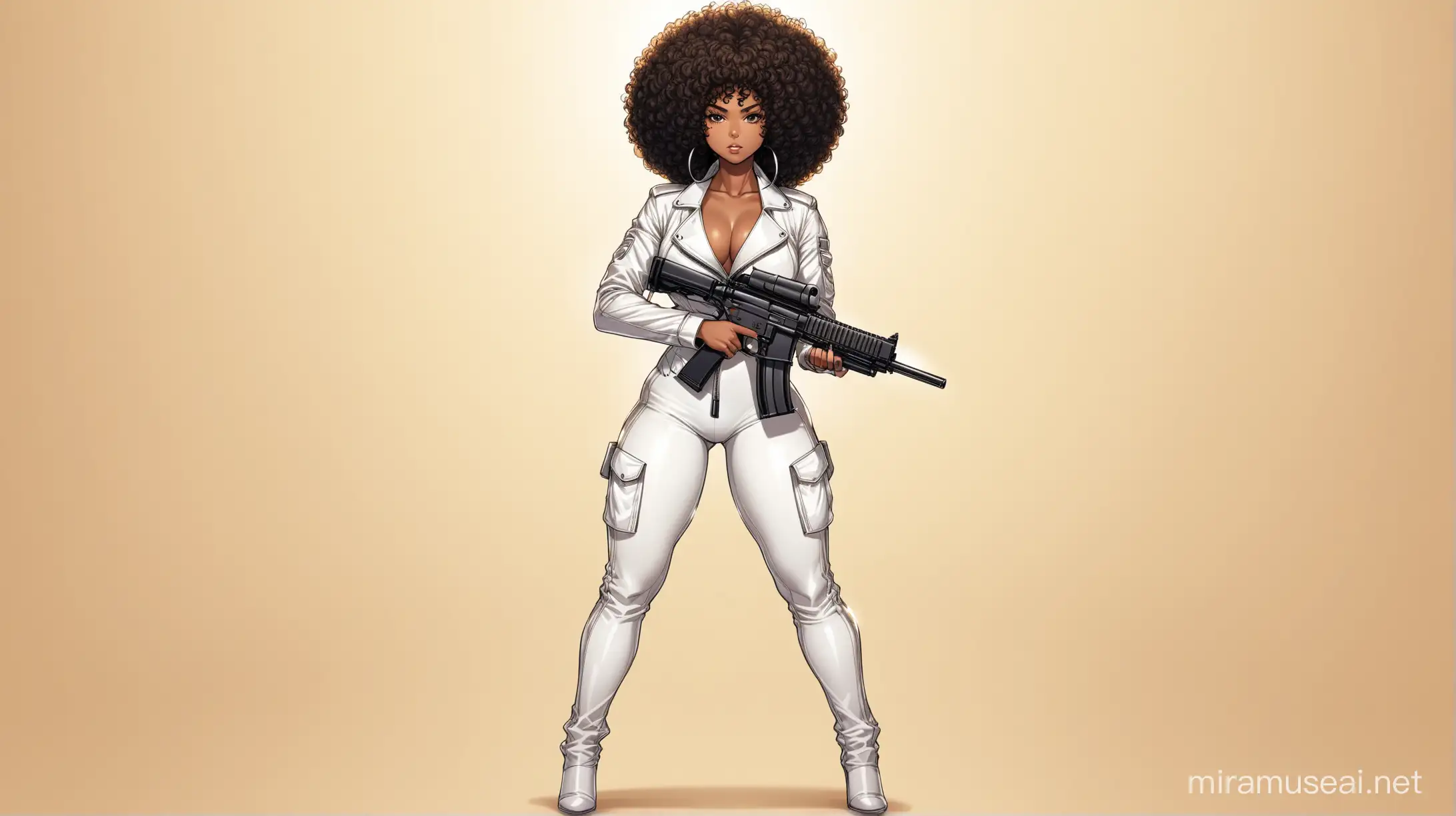 Full body african american woman curly afro holding a gun dressed in a white biker suit