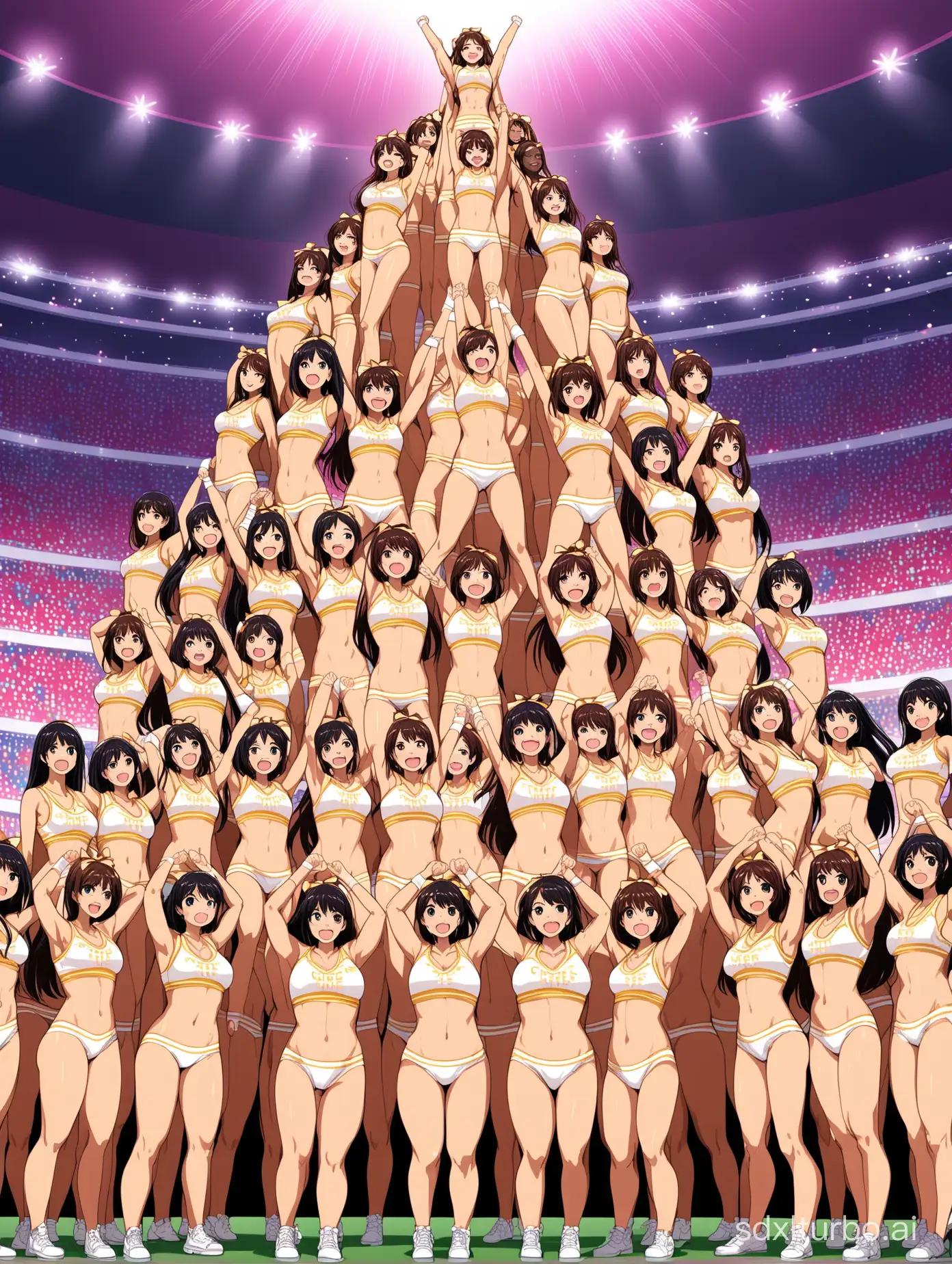tiny woman cheers on top of a diverse group of nude fitness models in a cheerleader pyramid competition, a tall human tower, in modern anime style