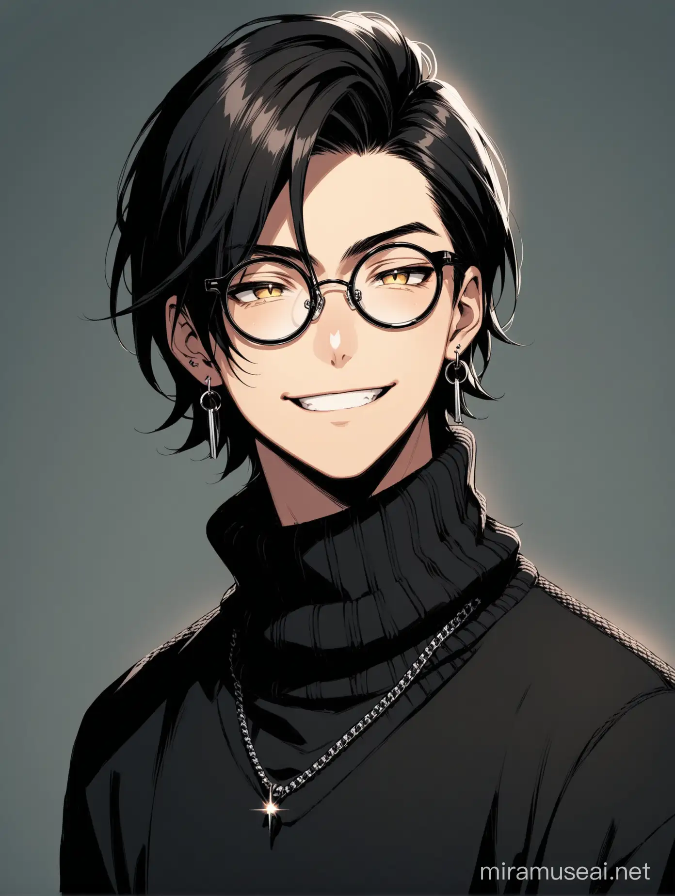 A handsome teenager with a malicious smile from the side of his mouth. His hair is black and styled in a bad boy style. He wears black round-rimmed glasses. He wears a long turtleneck and his glasses shine. He wears earrings.