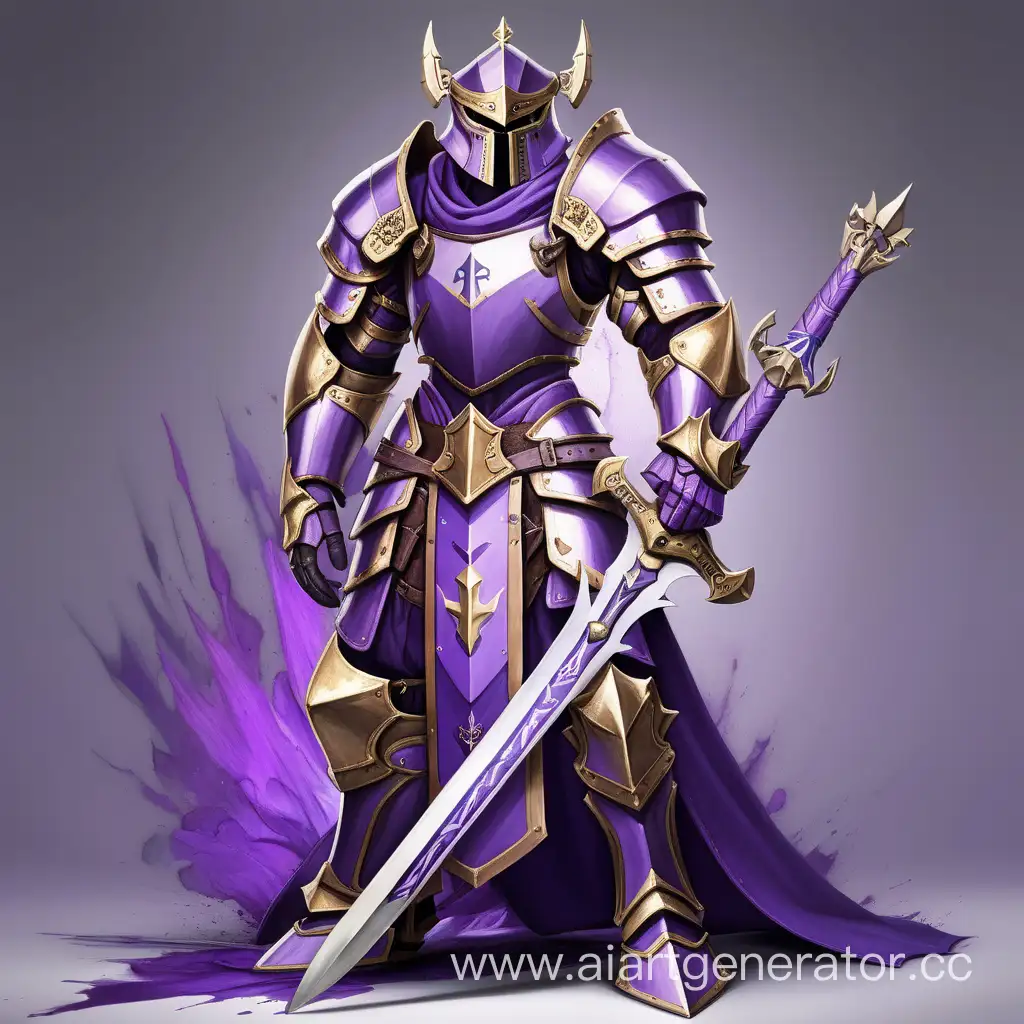 Паладин с фиолетовыми элементами брони, без шлема, держит тяжелый меч, который напоминает якорь