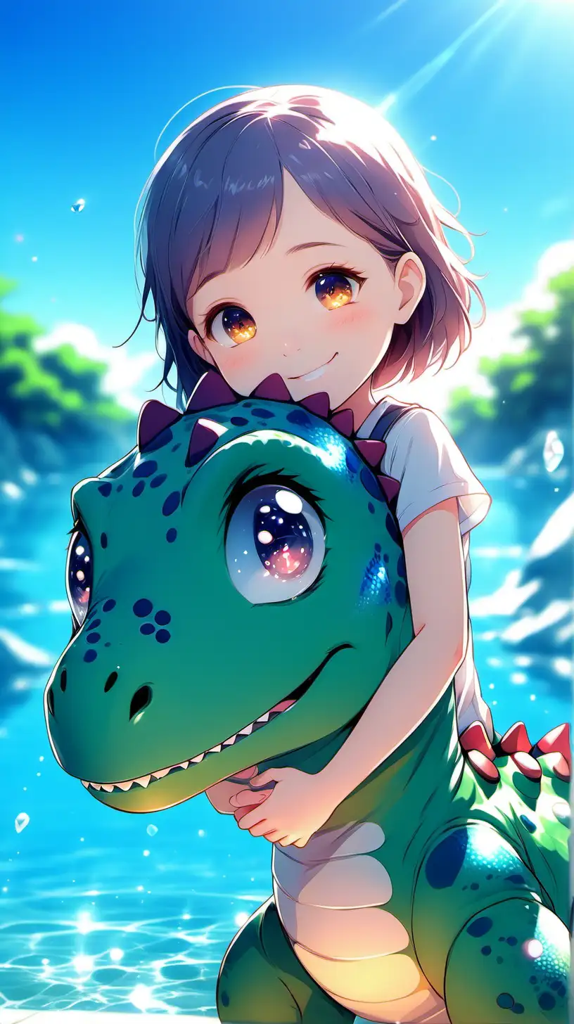 a cute little girl, cuddling her cute dinosaur , smiling, anime, sunrise , crystal clear aqua blue water, “-V6”