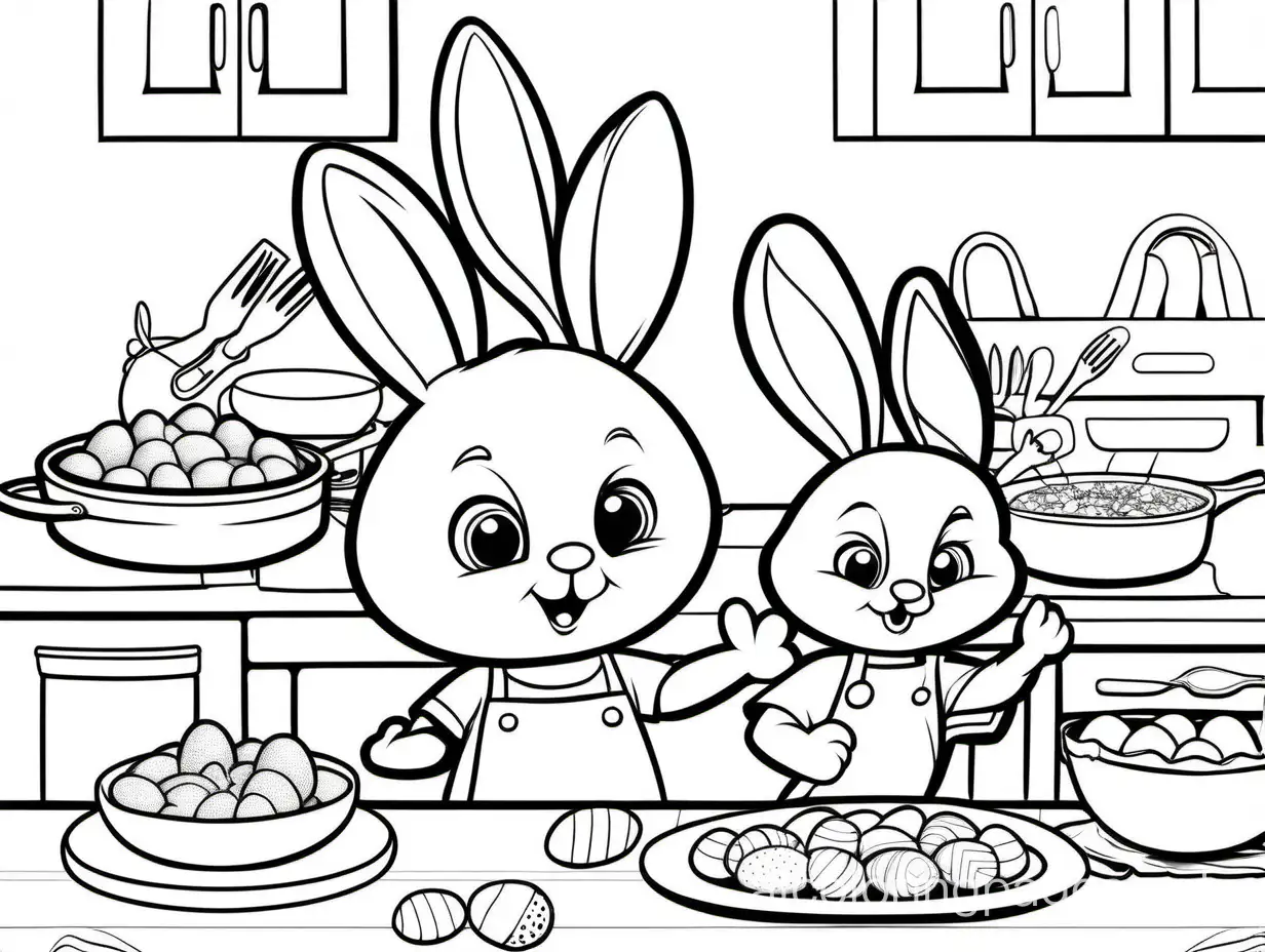 Easter Bunny cooking, Coloring Page, black and white, line art, white background, Simplicity, Ample White Space. The background of the coloring page is plain white to make it easy for young children to color within the lines. The outlines of all the subjects are easy to distinguish, making it simple for kids to color without too much difficulty