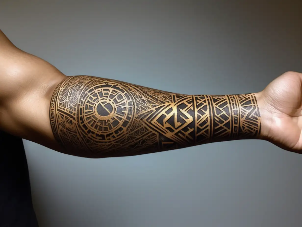 forearm tattoos. gold ink. light brown skin. very intricately and microscopically detailed. wakandan runes.