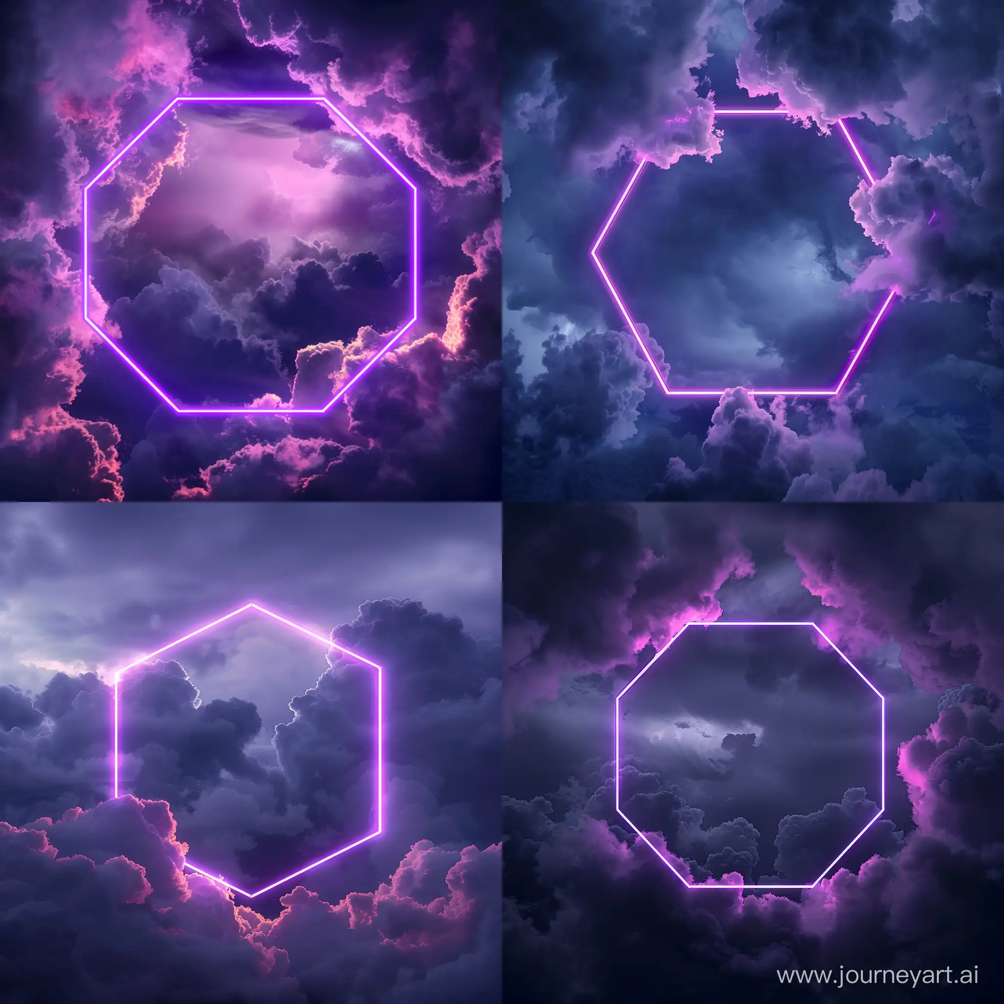 Professional Photography From Cloudy Sky, Neon Purple Octagonal Between Clouds, Night, Realistic Light Reflections, Dar Theme, Fix Frame, High Quality --v 6.0 --ar 1:1
