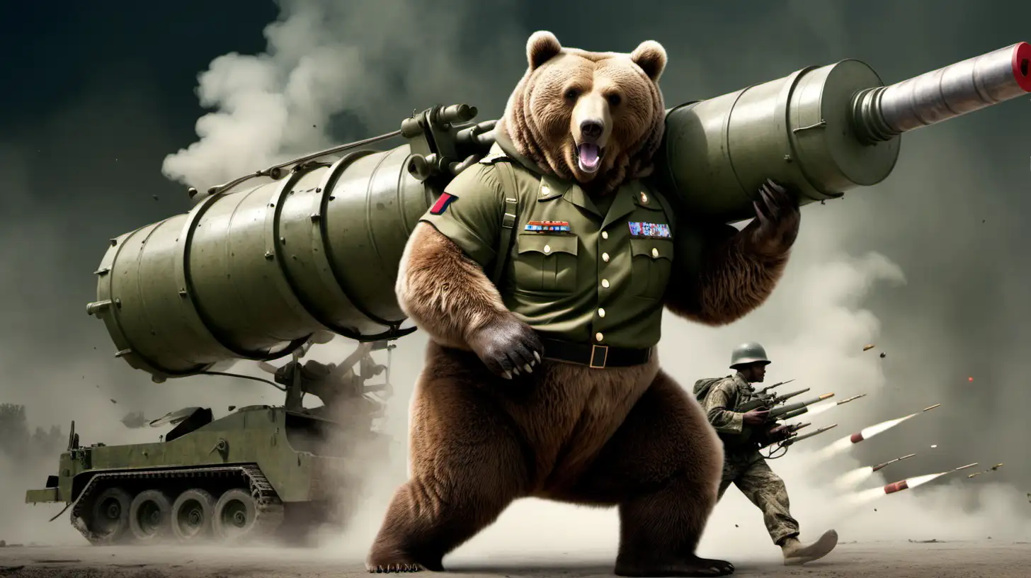 Majestic Brown Bear in Military Attire Carrying Artillery Shells