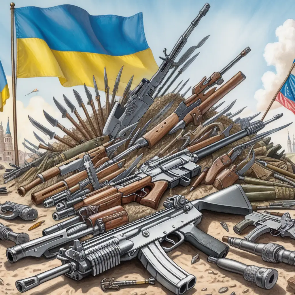 create an image with a pile of weapons in the foreground. In the background, there must be a Ukrainian flag. The image must be in the style of Matt Wuerker