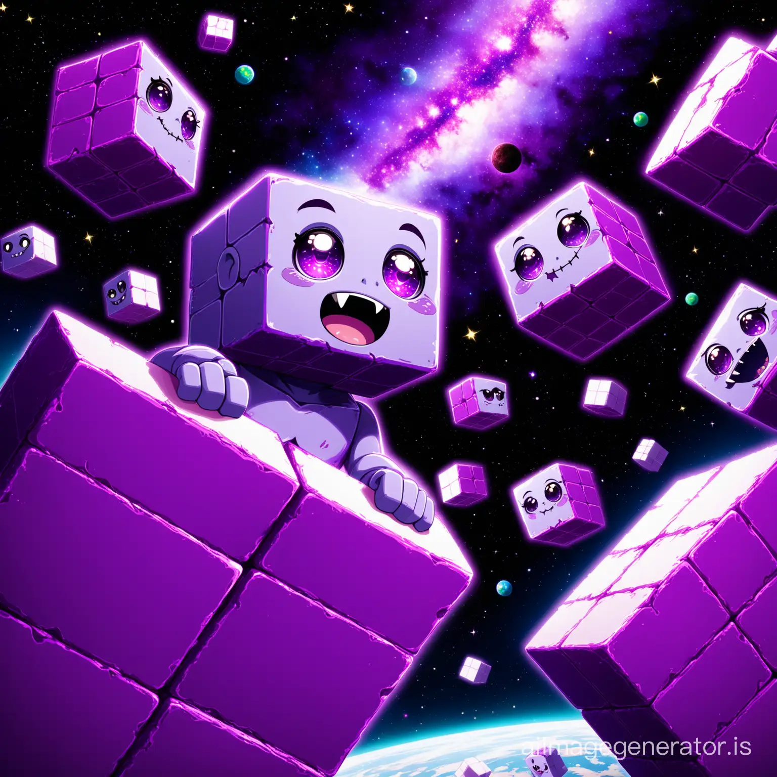 A little happy cute purple zombie blocks with purple eye and smile in space with super detail and High Quality
big and purple blocks and floating are seen everywhere
Details are evident beautifully and with great precision